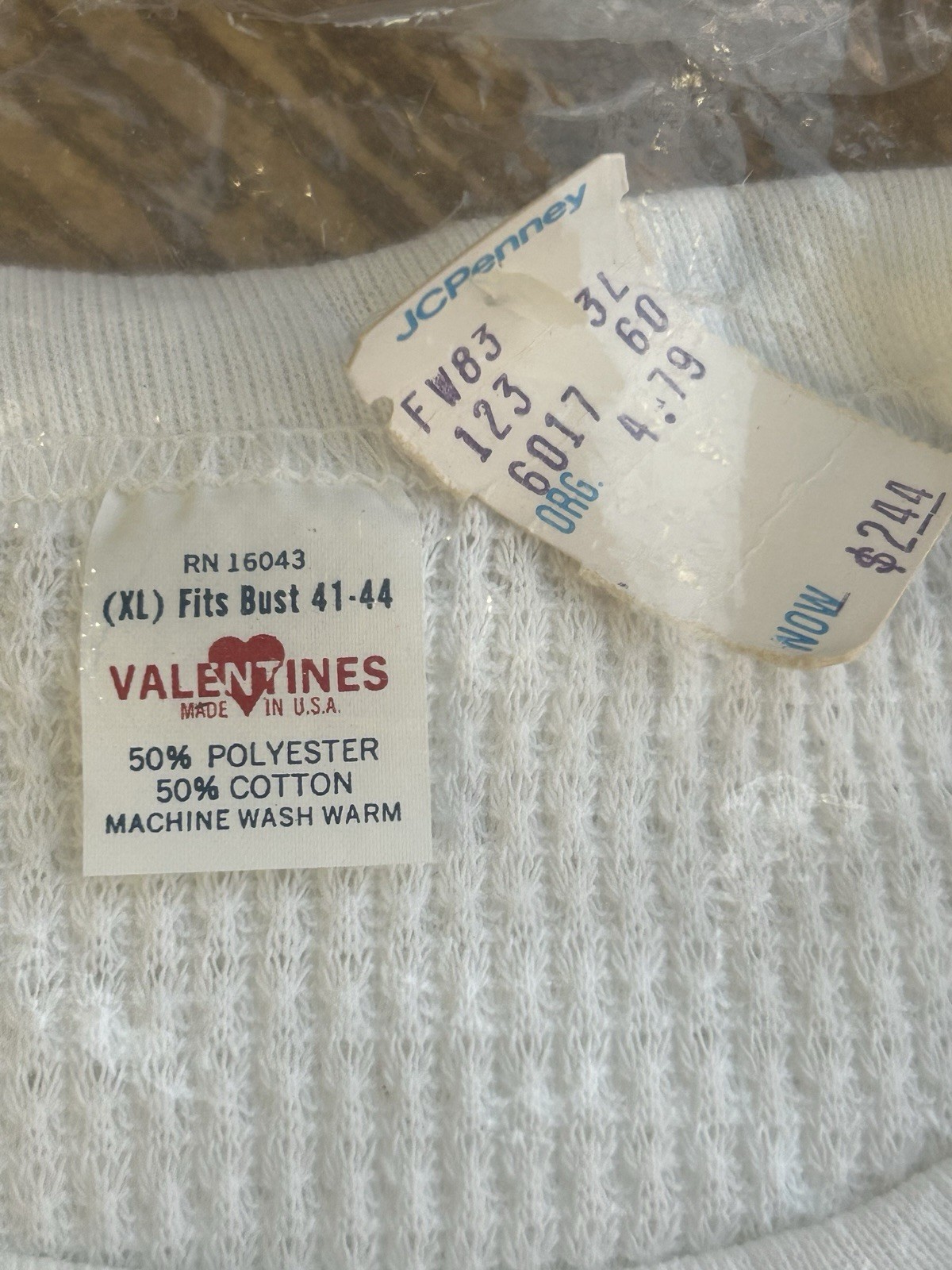 NOS Vintage VALENTINES Waffle Knit Thermal Underwear Long Sleeve Top XL USA