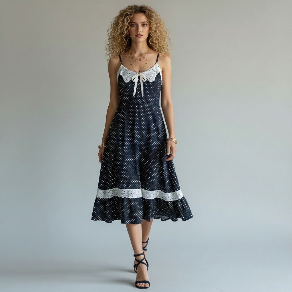 Vintage Polka Dot Midi Dress Navy Blue Eyelet Lace Trim Spaghetti Strap 11/12