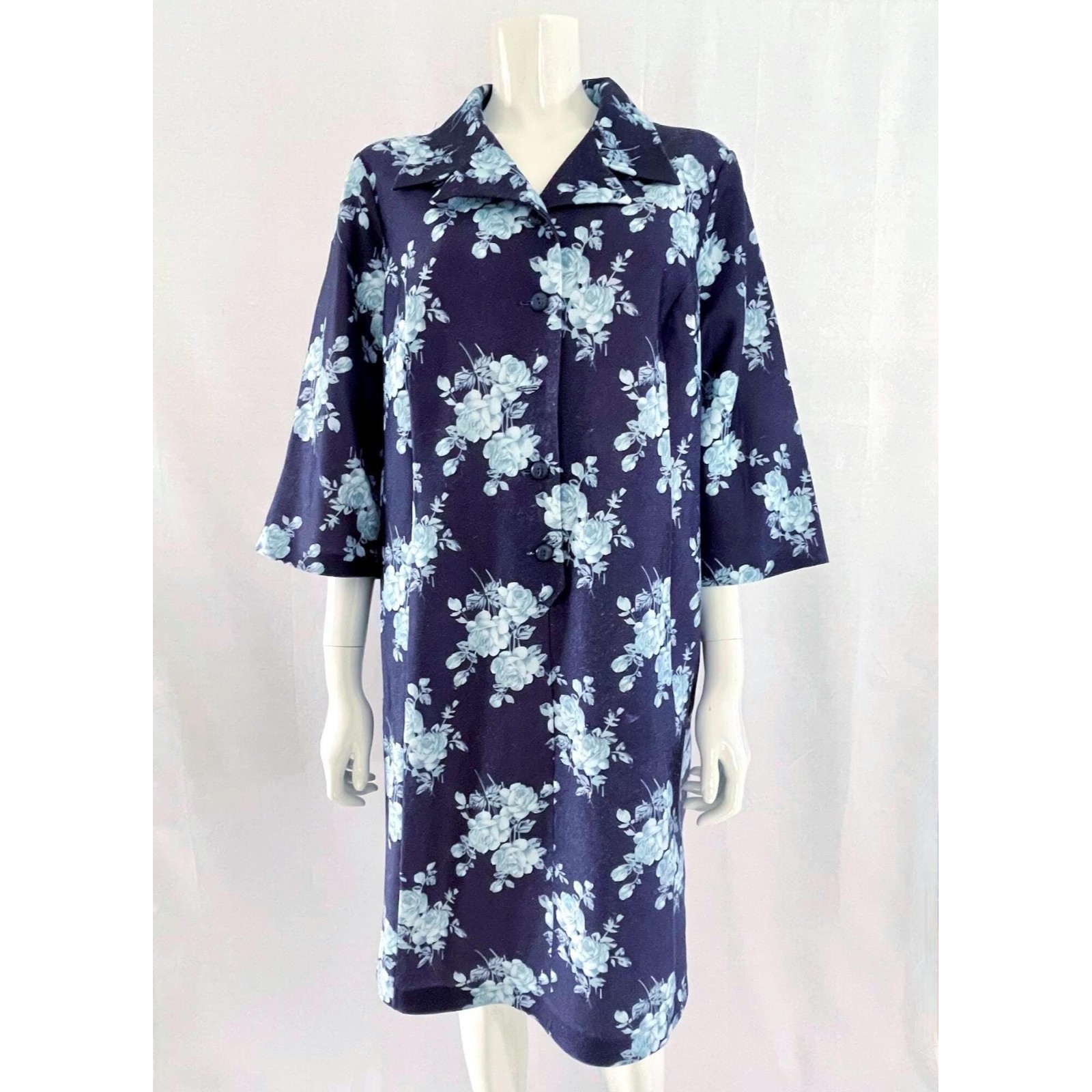 Vintage 70s Floral Print Shirt Dress – Barbarella Navy Blue XL