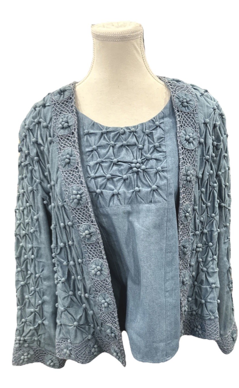 VTG Women’s Lim’s Blue 3 Piece Crochet Pants Suit GrannyCore Cotton USA Sz PL