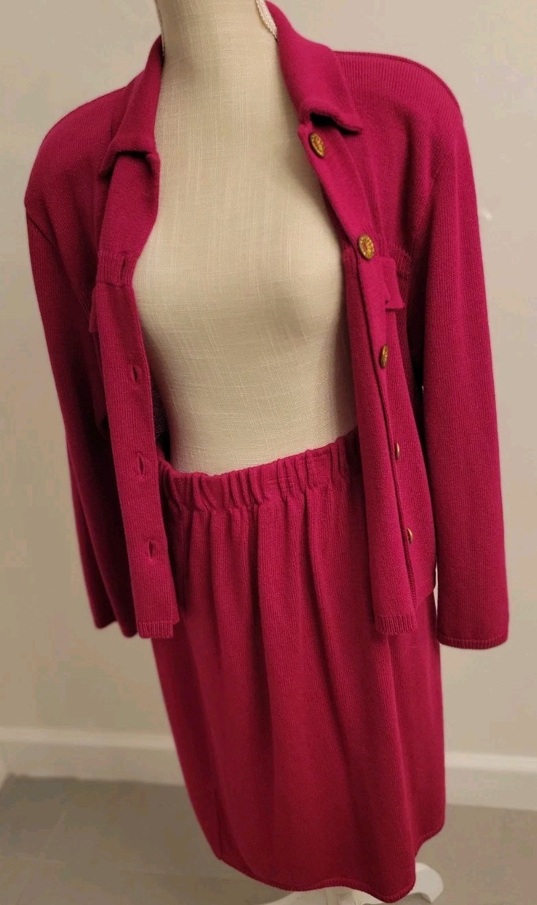 Vtg Knit Skirt Suit Lg 2Pc Laura Alyzia 70’s Fushsia Sweater Shoulder Pad USA