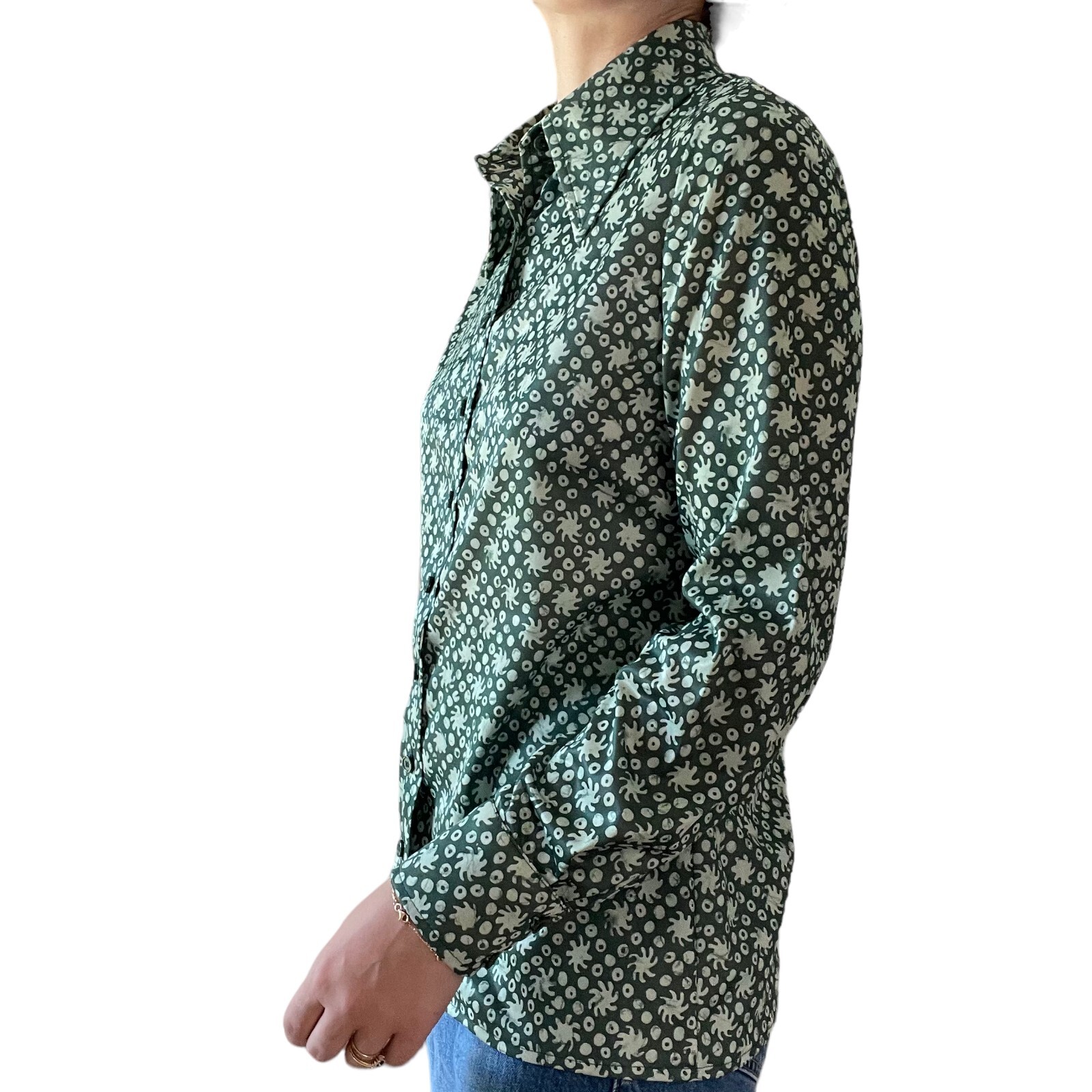 Vintage 1970s Womens Neusteters Green Retro Disco Collar Psychedelic Blouse Sz M