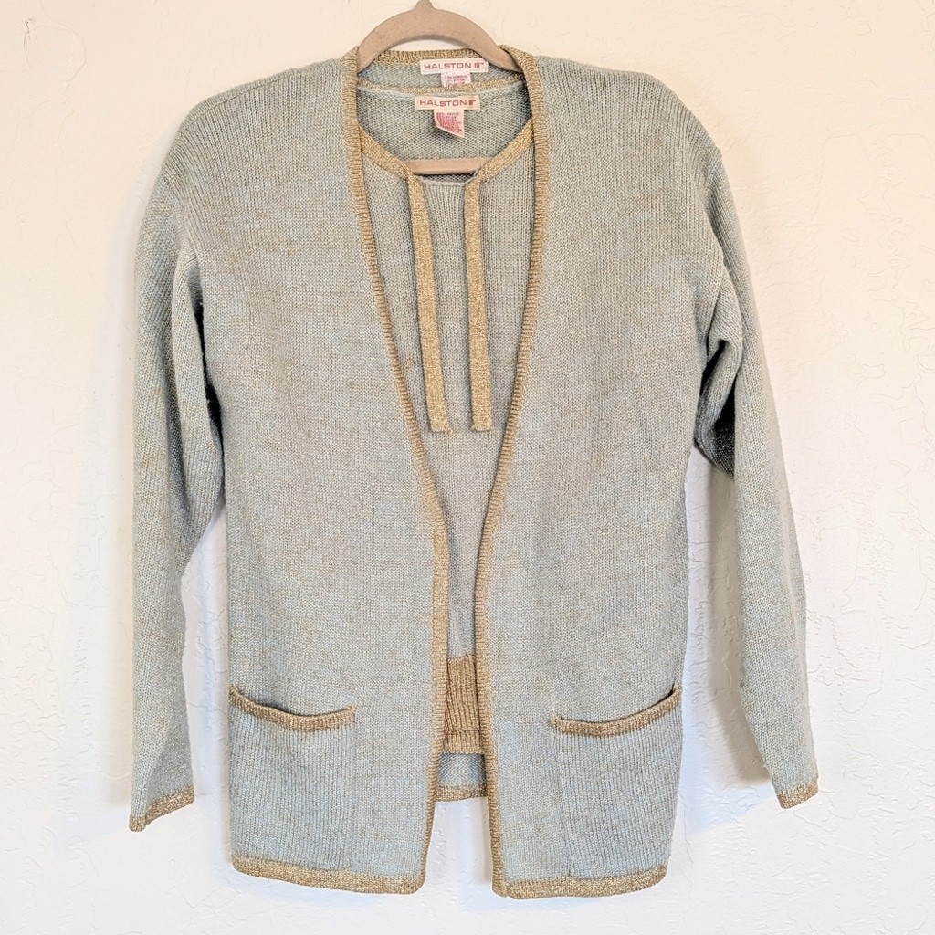 VTG Cardigan Short Sleeve Sweater Set Light Mint Green Gold Trim 80s Grandmacore
