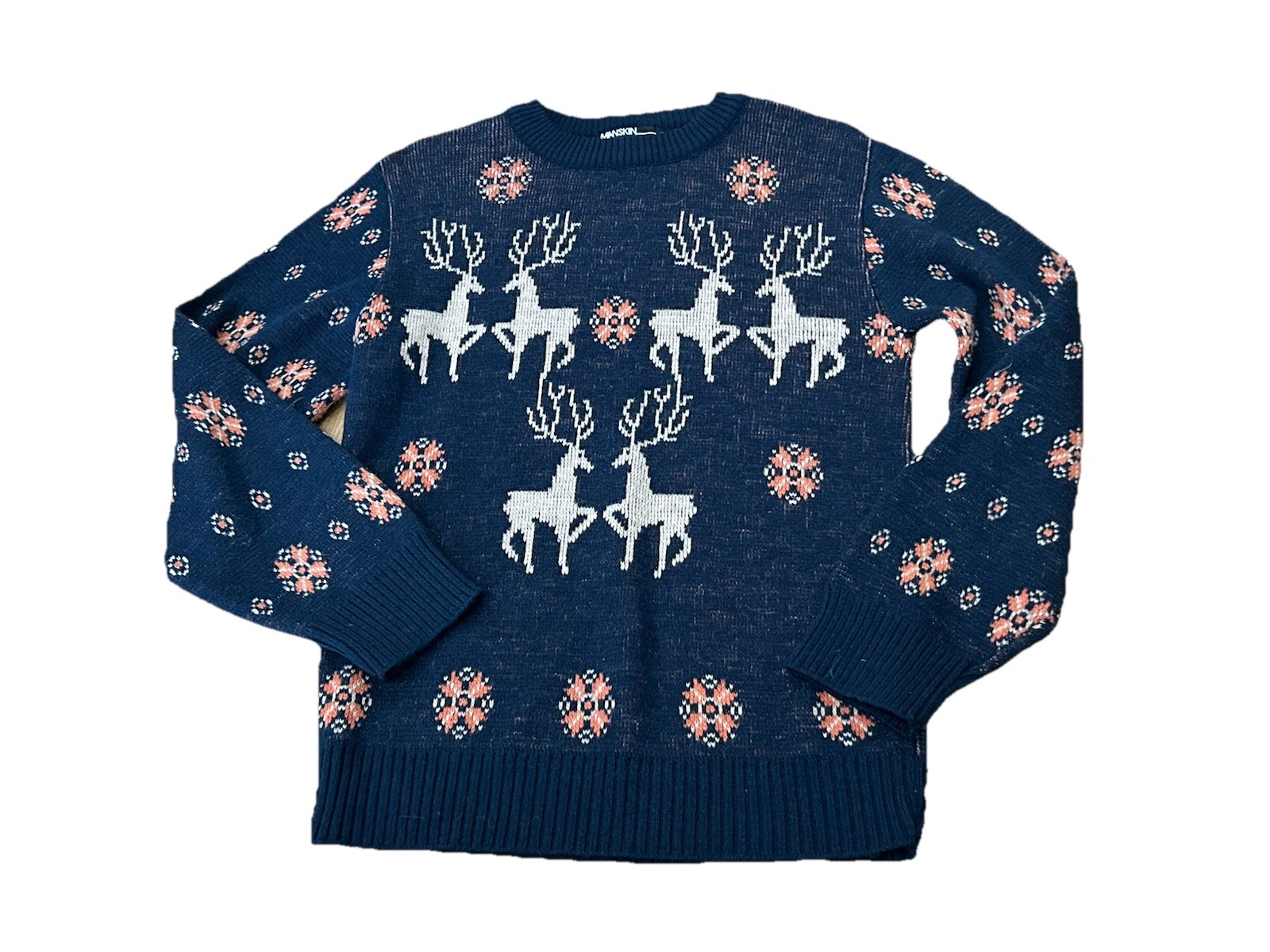 Vintage 1940s Style Knit Reindeer Sweater Snowflake Nordic Ski Womens M