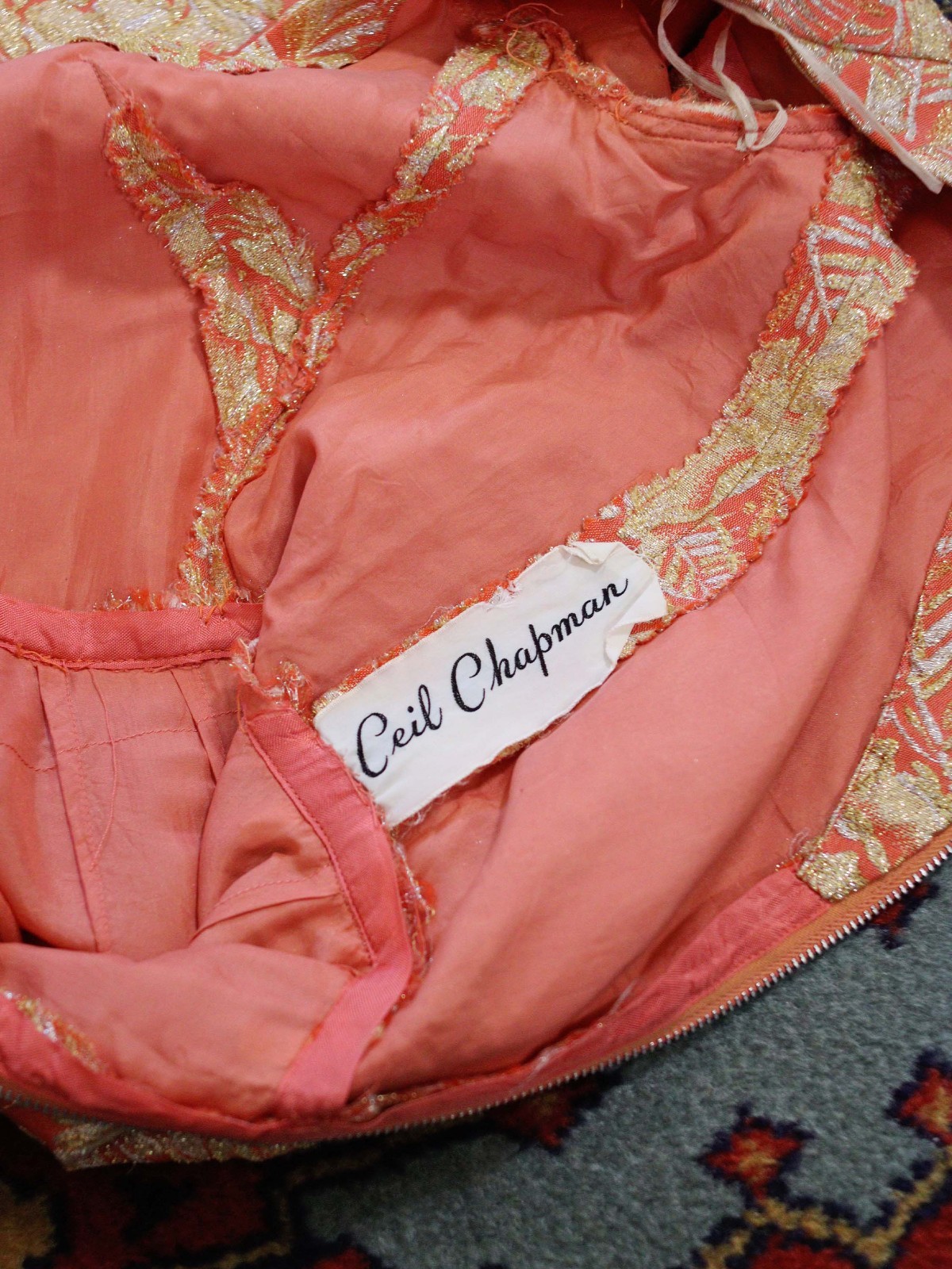 Vintage Ceil Chapman 1950s Designer Wiggle Dress Coral Pink Metallic Gold Rose