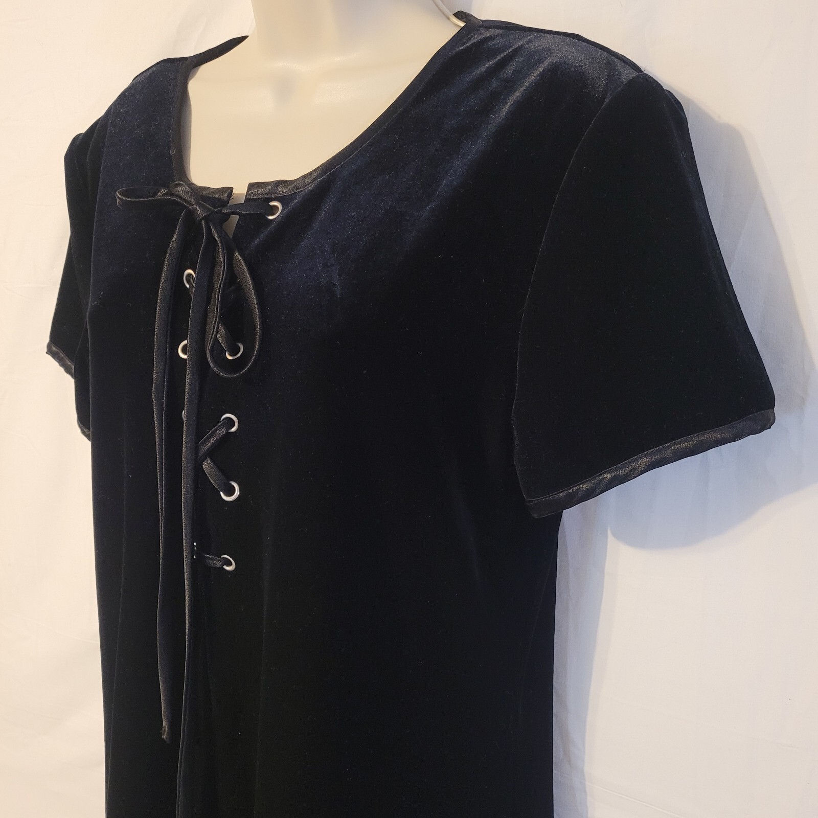 Vintage 90s Panache Velvet Dress Black Tie At Neck Satin Trim Sz 10 Medium