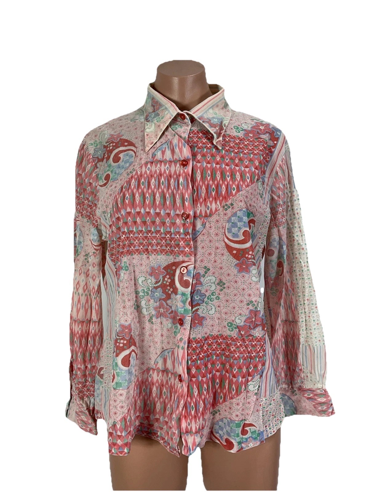 Vintage 60s 70s Psychedelic Nylon Acetate Top/Button Up Peak Collar Set S/M Club