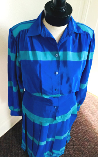 80’s Vintage Blue Green Striped Blouse Skirt Set
