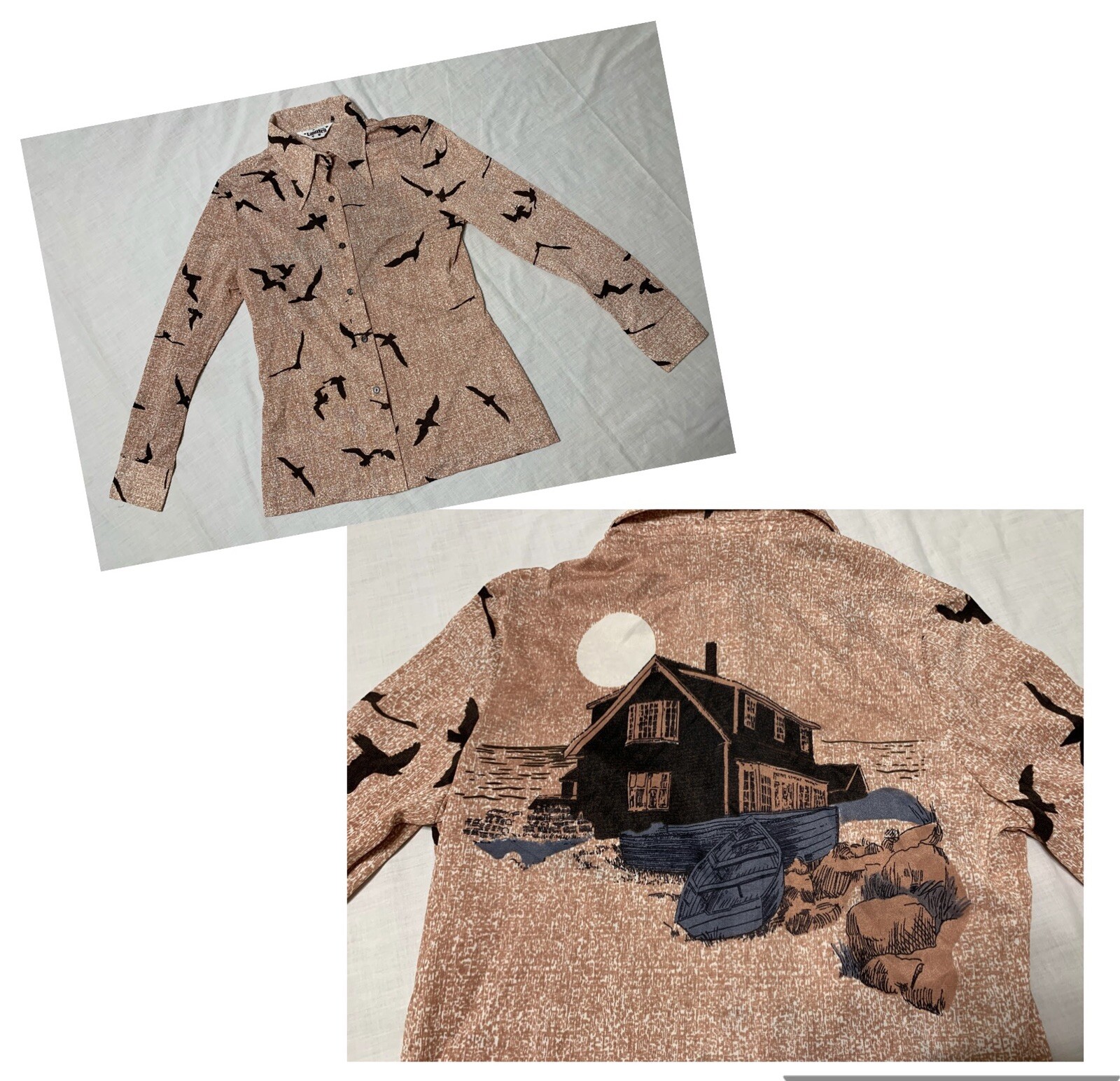 Vintage 'Langtry Ltd’ Wharf Scene 1970s Ladies Nylon Long Sleeve Shirt sz L