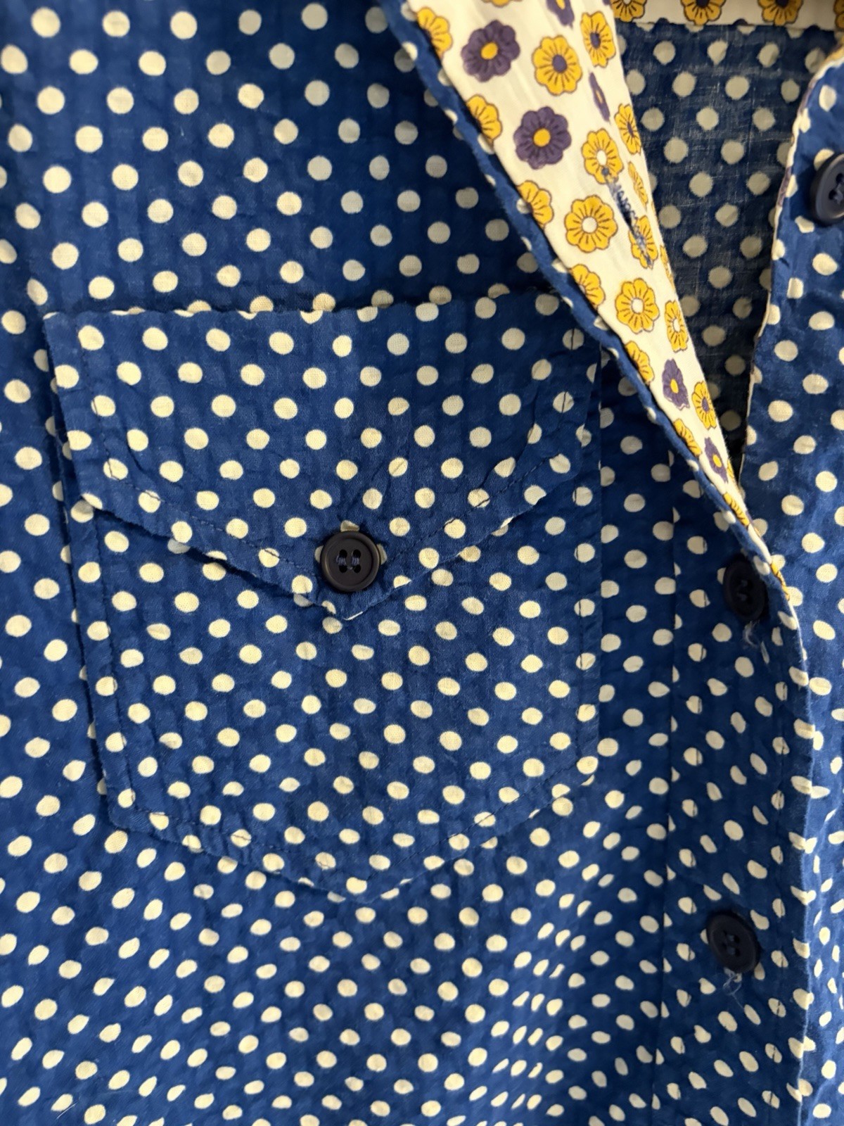 Lady Arrow Vintage Shirt Top Blouse Polka Dots Floral Trim Excellent Seersucker