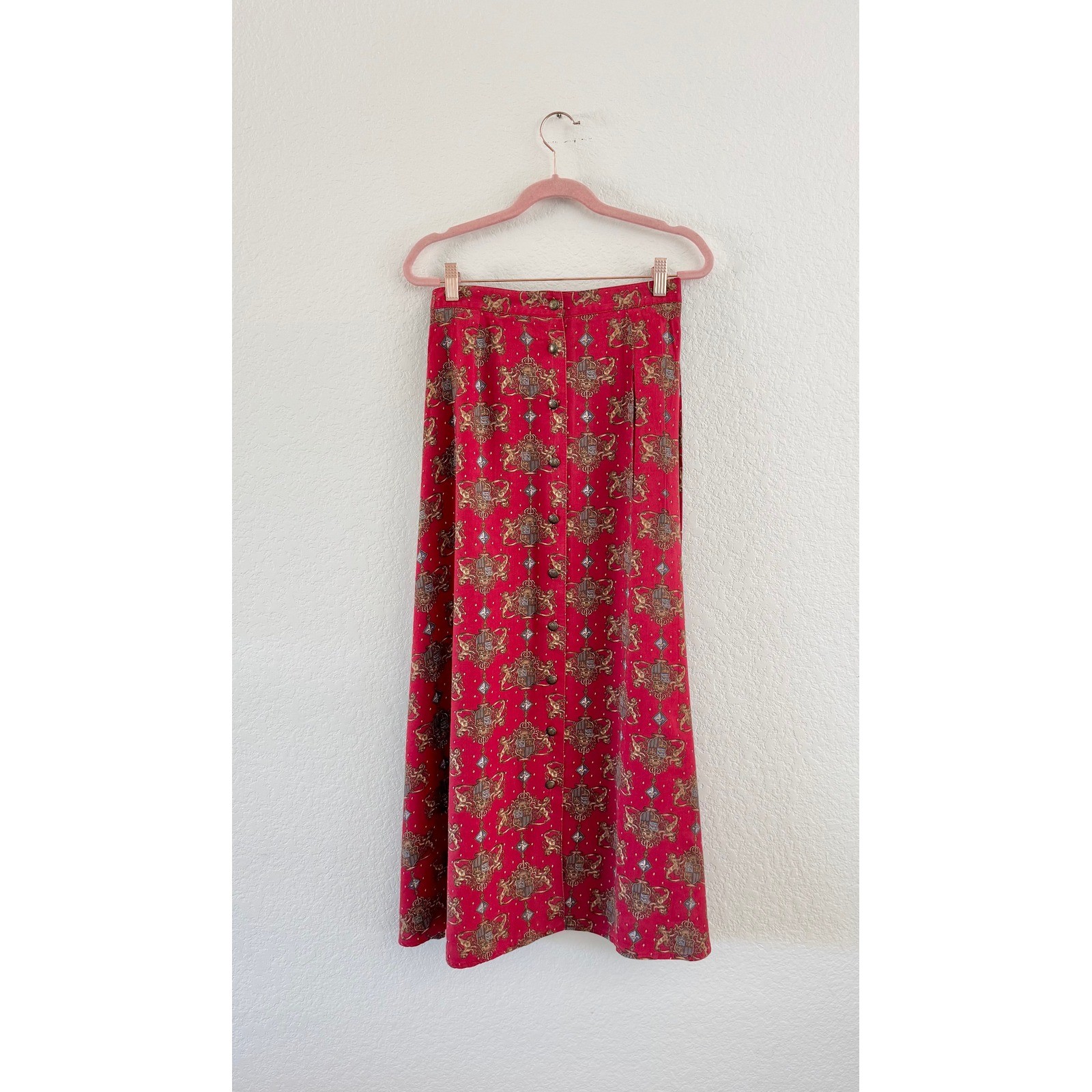 Signature by Jerell Maxi Skirt Women S Red Vintage Heraldic Crest Button Front