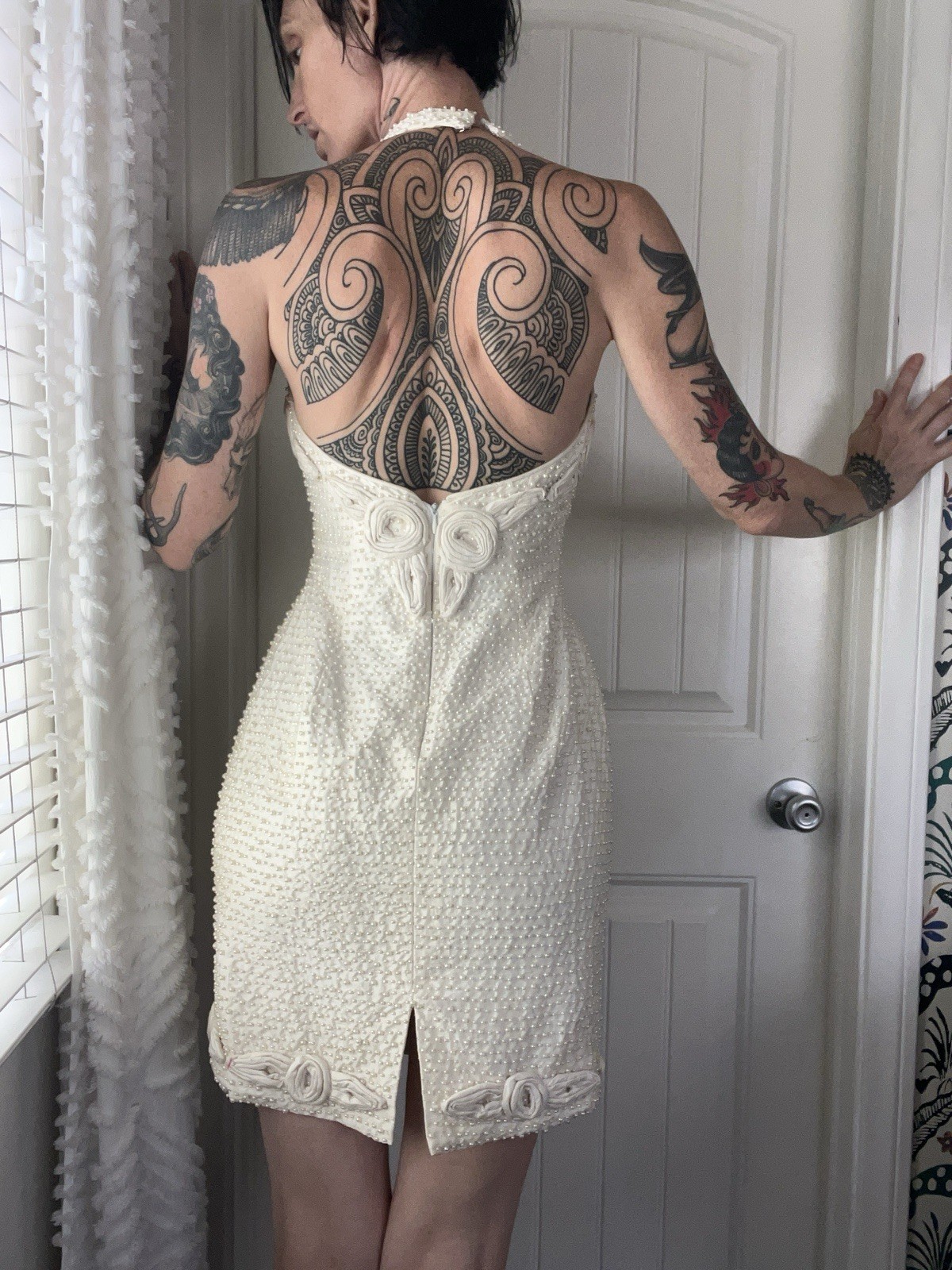 Vtg 90s Baracci Couture Pearl Embellished Rosette Silk Halter Mini Dress Wedding