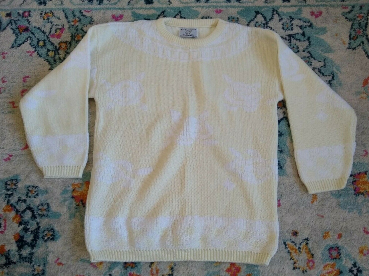 Vintage 80s College Point Sweater Fairy Kei Yellow Floral Costume Retro Size M/L