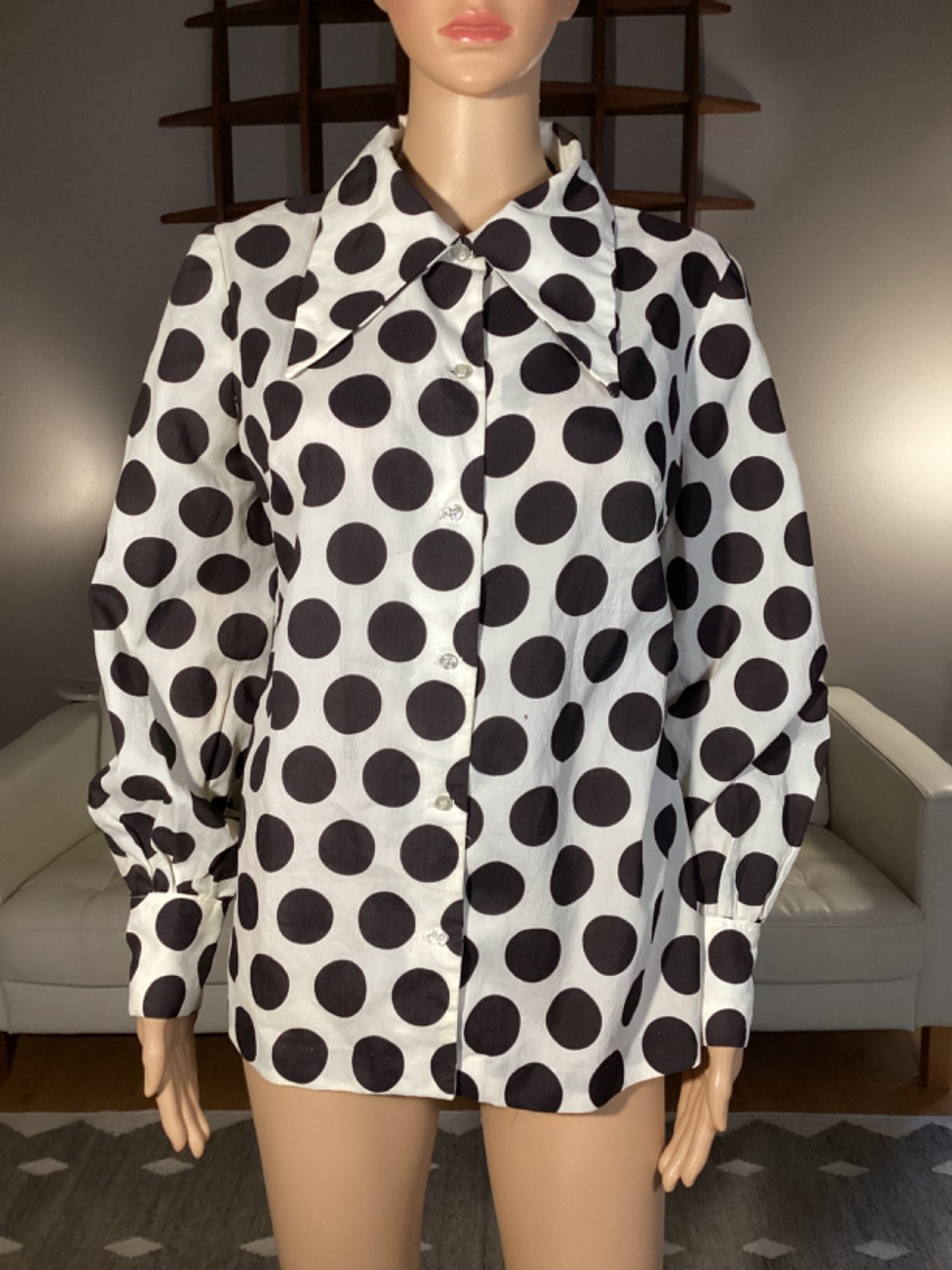 Vintage 1970’s Mr. Fine Dallas Big Dagger Collar Poly Polka Dot Shirt