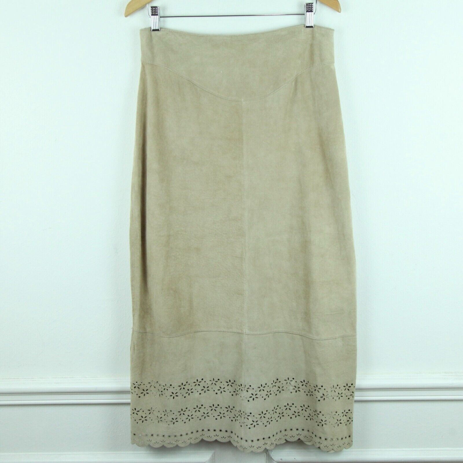 Vintage 90s Y2K Suede Midi Skirt Punch Out Lace Western Cowgirl Boho Hippy 12 L