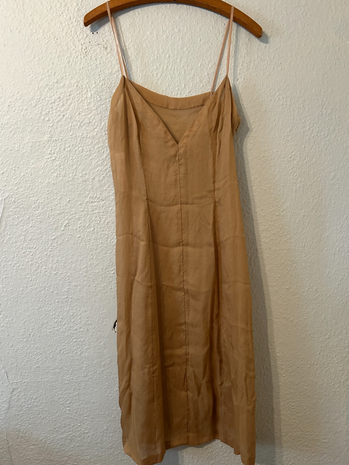 Vtg Pauline Trigere Womens L Sheer Beige Crepe Silk Slip Dress Lingerie
