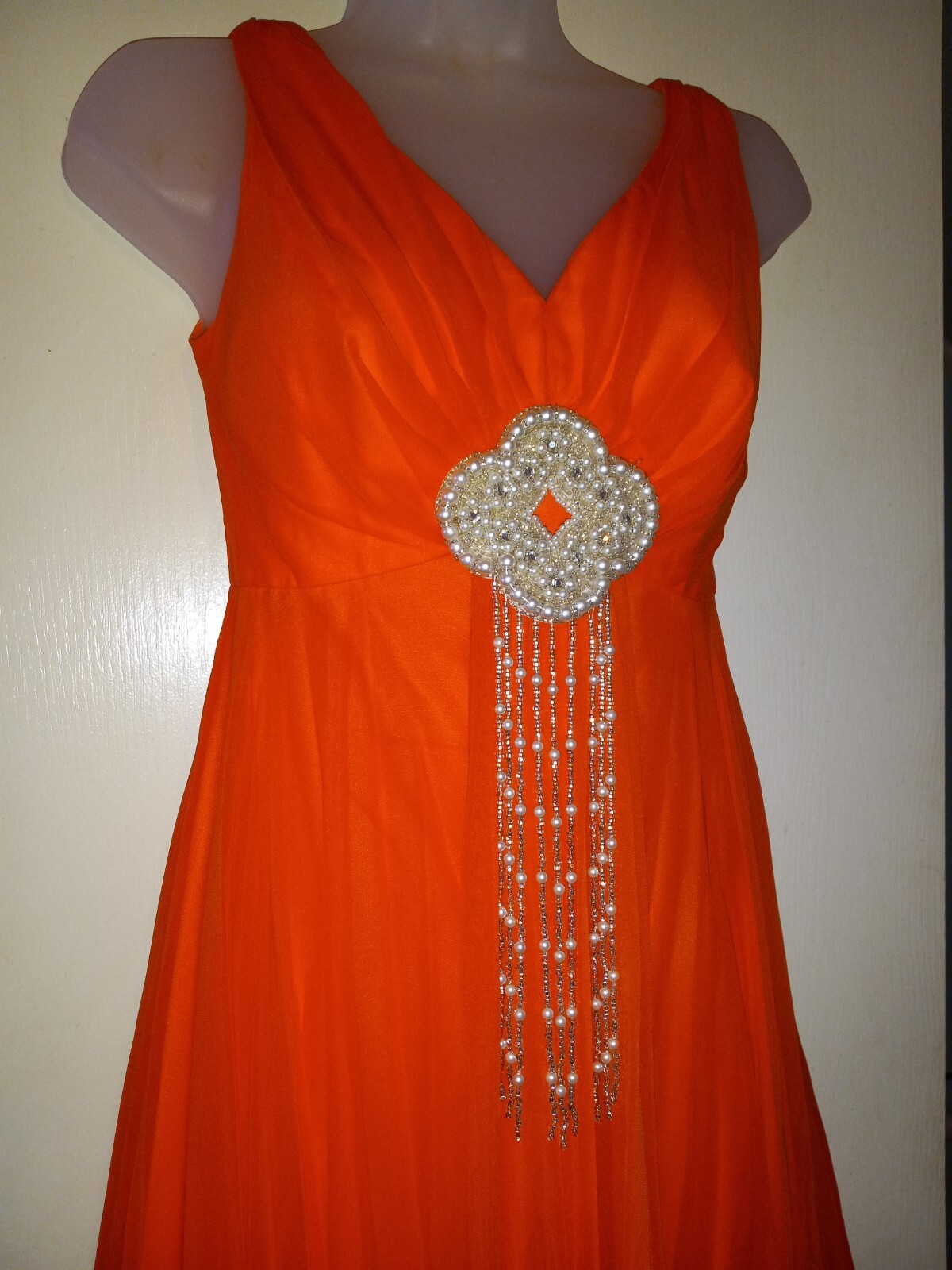 Vintage 60s Mike Benet Orange Sheer Chiffon Gown Dress Formal Beaded Applique S