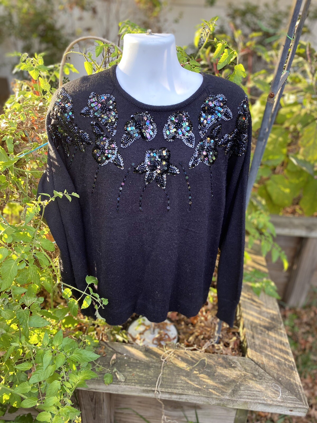 VINTAGE Black SEQUIN SWEATER 1980’s Angora Blend 42 Inch Bust