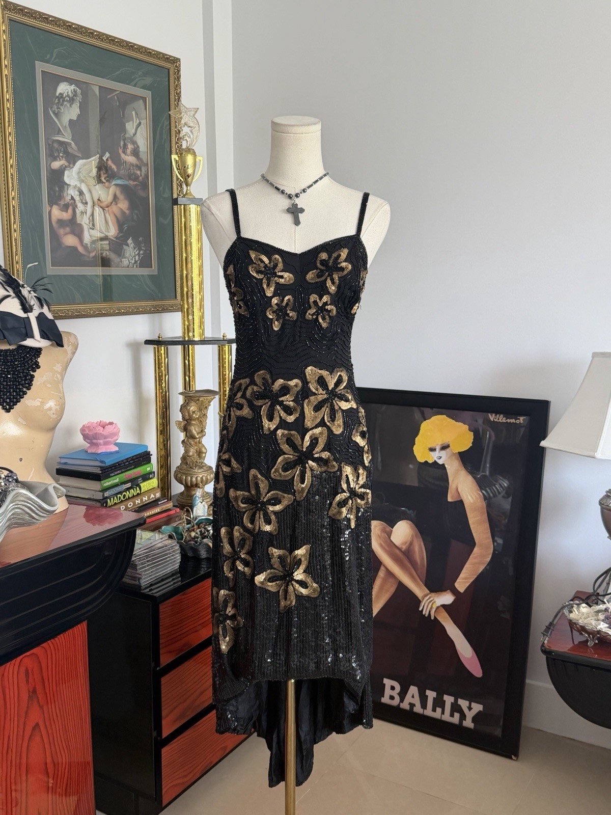 Vintage MEGRE Pure Silk Beaded Sequin Floral Evening Dress Black Gold Size S-M