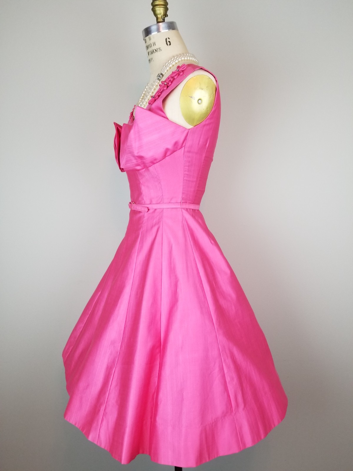 Vintage 1960’s Hot Pink Party Dress Rhinestone & Floral Details Ladies Size Sm