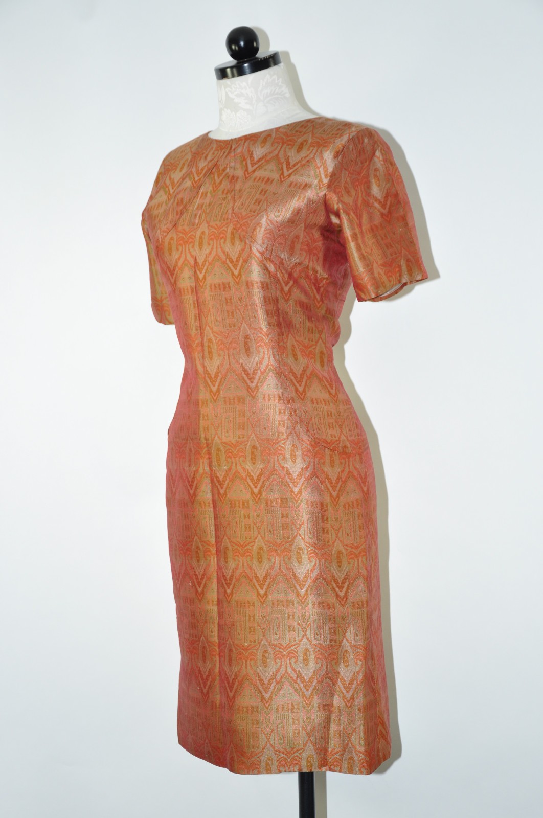 60s Vintage Copper Rust Brown Silk Ikat Short Sleeve Wiggle Dress Women S M