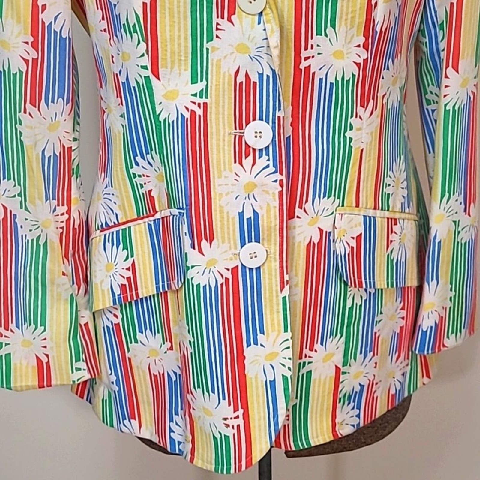 1970s Ah! Austin Hill Blazer Jacket Rainbow Stripes & Daisies Print 10 Pride Mod