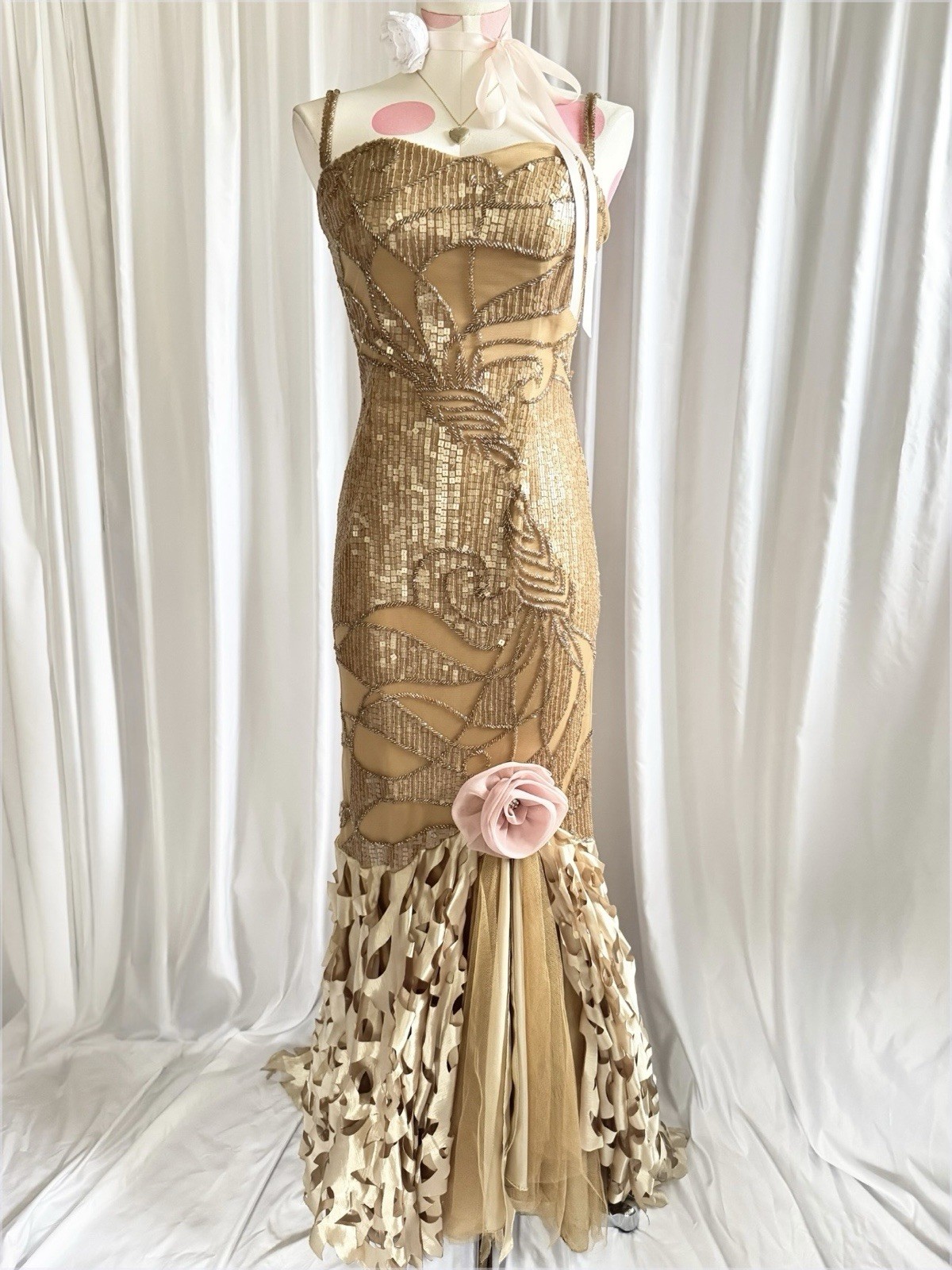 Vintage Gold Fairy Beaded Sequin Ruffle Mesh Vacation Princess Formal Gown Dress