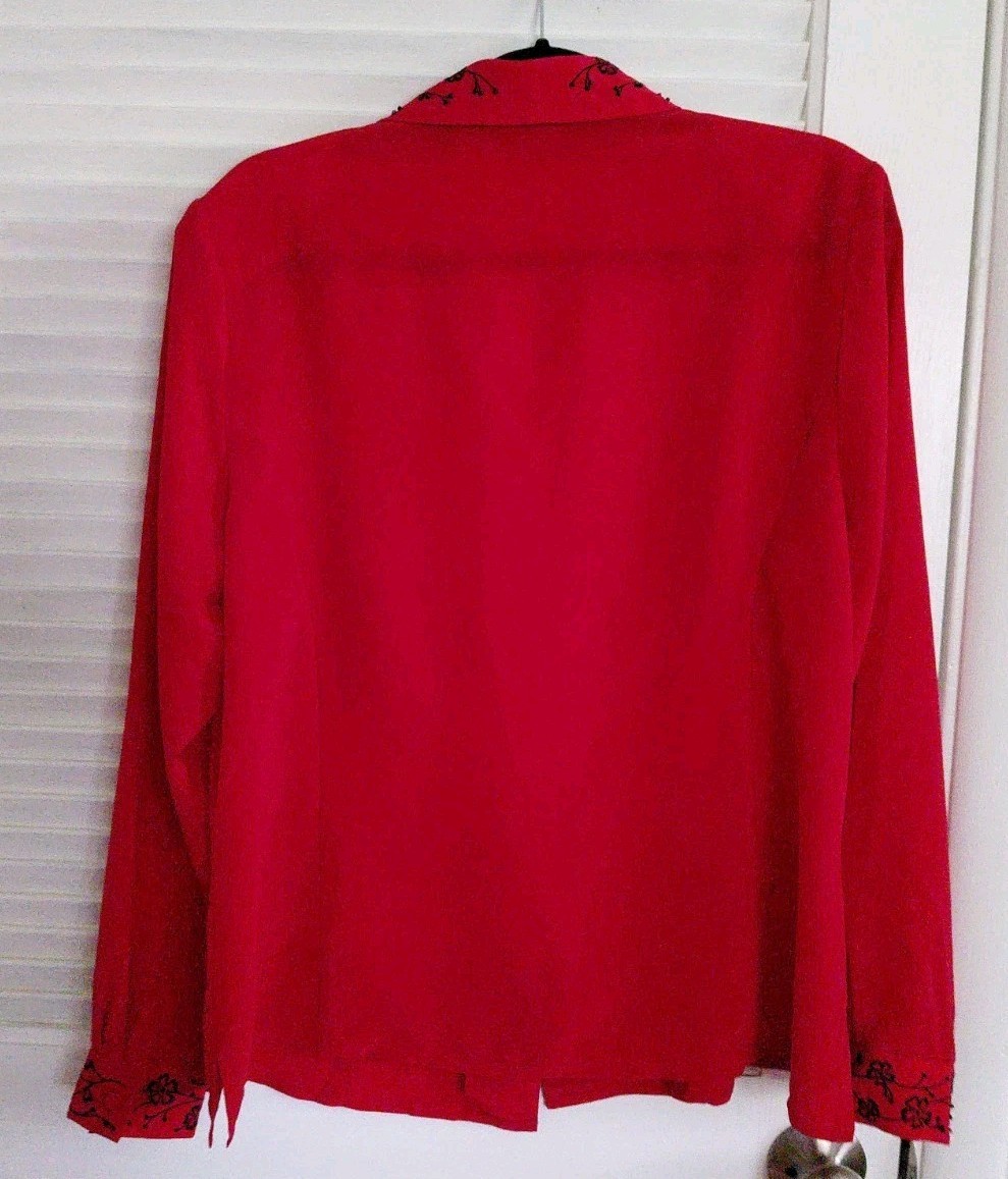 NWT VTG Sears~Modern Essentials ~ Long Sleeve Blouse,Sz 18Red w/Black Embroidery