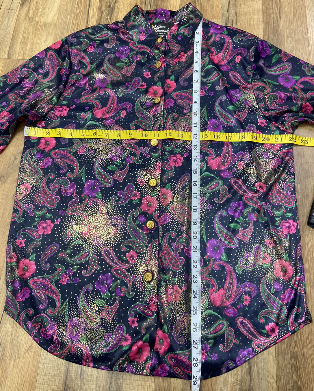 Vintage Silver Threads Multi-Color Floral Paisley Shiny Button Shirt Size Medium