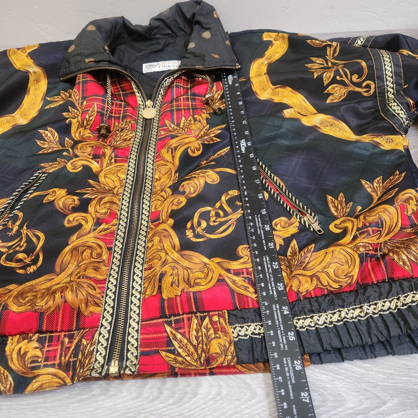 Vintage Giacca Sport Jacket Medium Black Gold Plaid Baroque Puffer Zip Up Plaid