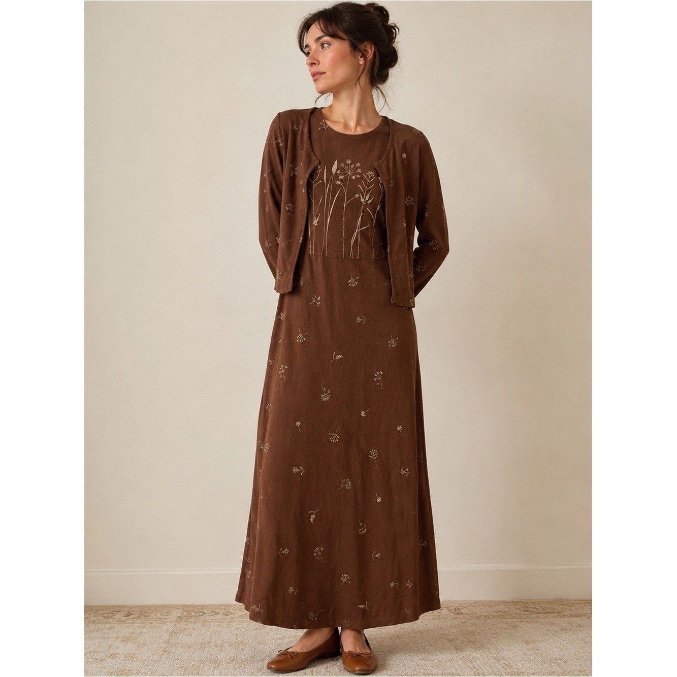 Vintage Potato Clothing Brown Maxi Dress Matchin Cardigan Cottagecore Size Small