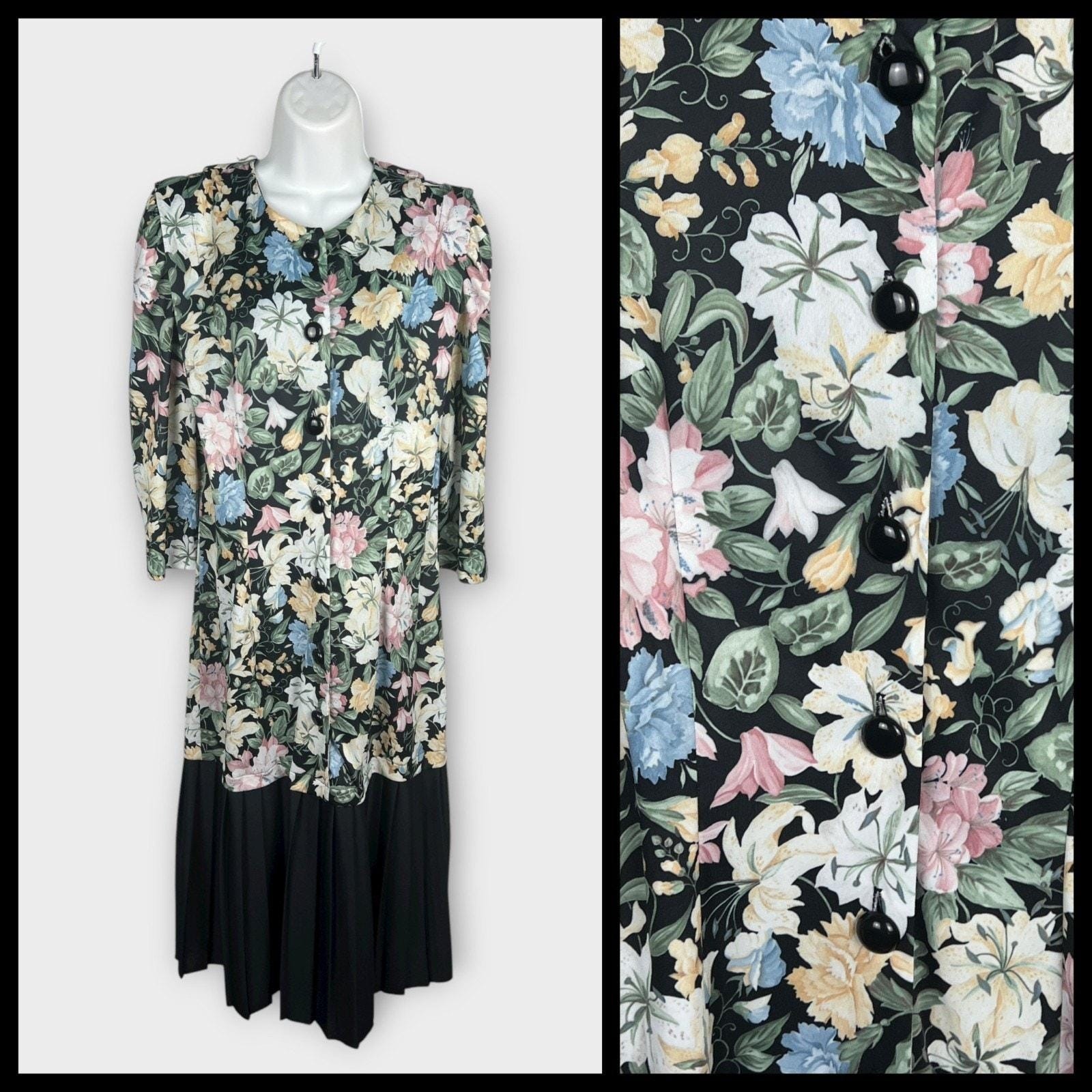 Jenny Vintage 90s Floral Midi Dress Cottagecore Grunge Secretary Black Multi 14