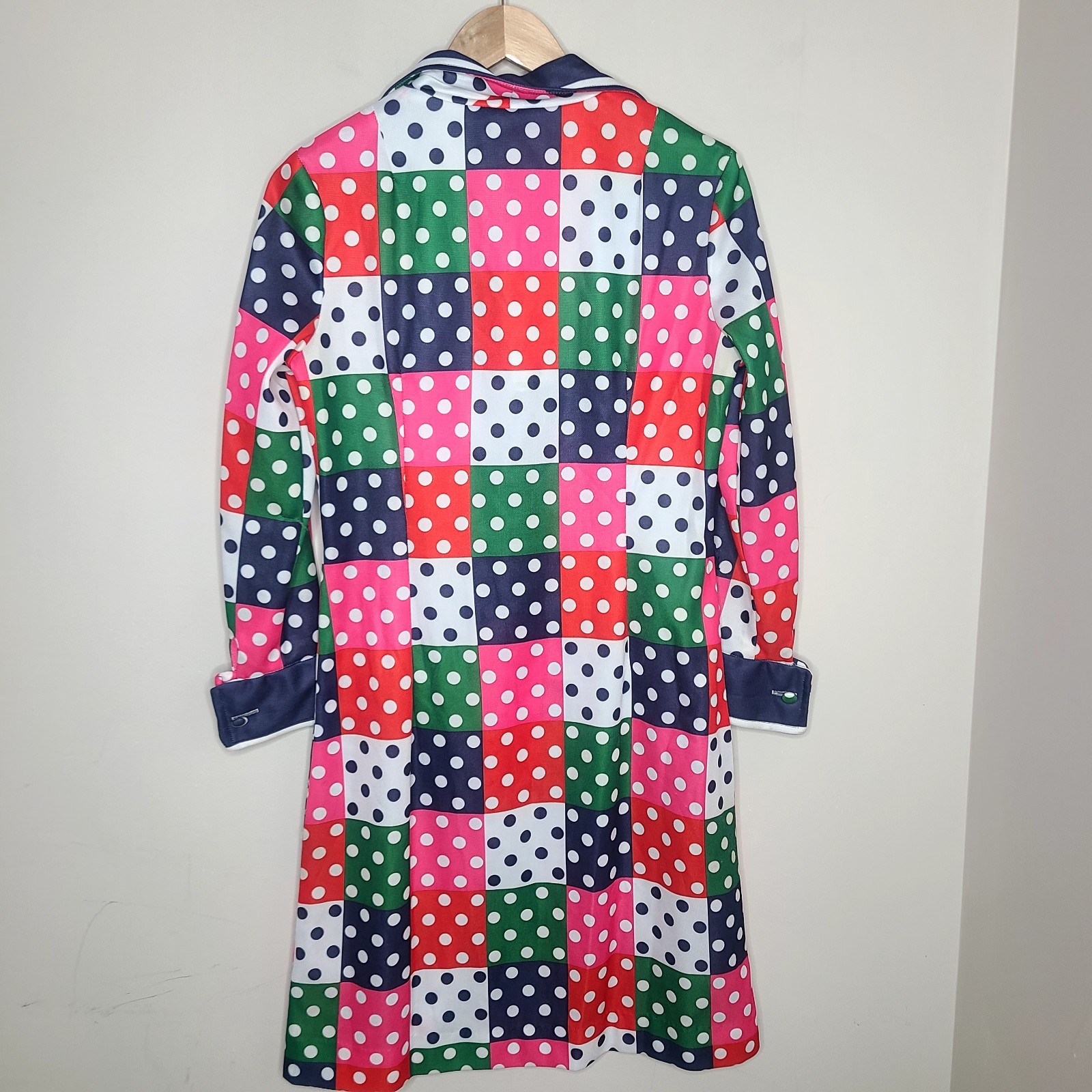 Vintage 70s Miss Joey Polka Dot Patchwork Dress Mod Disco Long Sleeve MCM