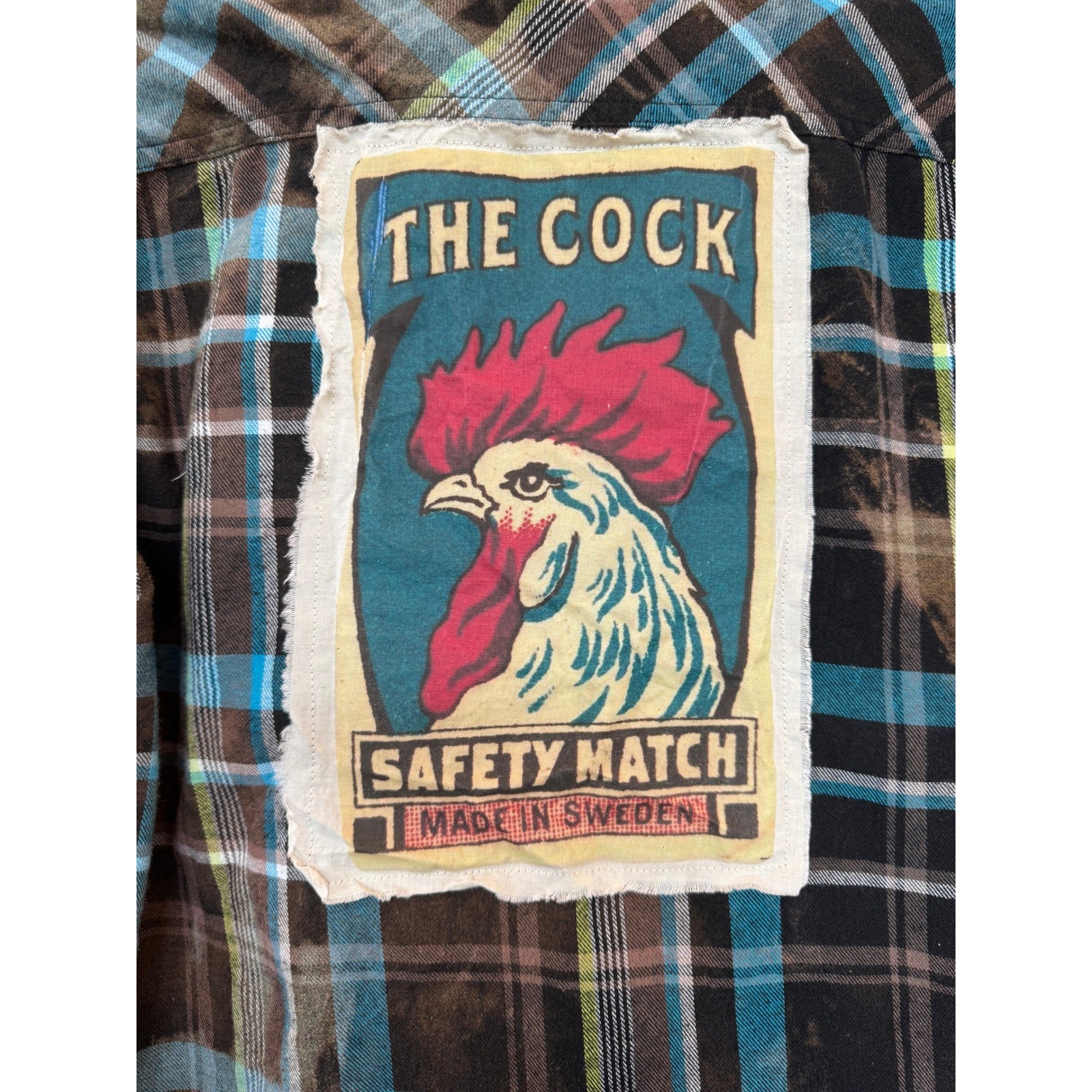 Upcycled Flannel Shirt Sassy Rooster Patch Folk Art Large