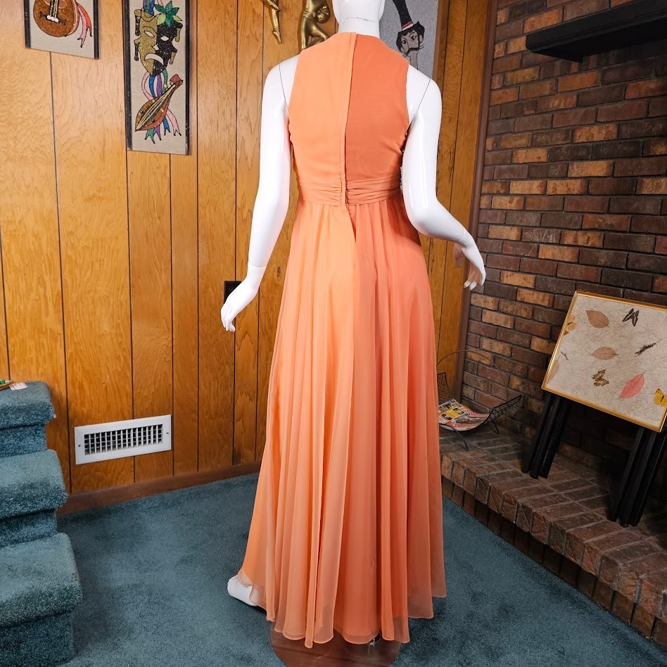 Vtg 70s Peach Chiffon Formal Maxi Dress Rosette Prom Bewitched Party Wedding S