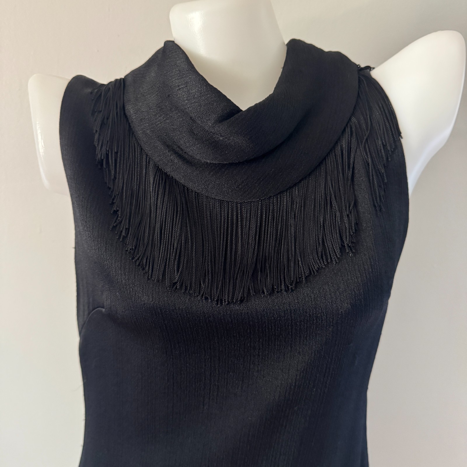 vtg 60s MISS THEME NY Black Go-Go Dancer FRINGE Mini Shift Dress Costume Mod LBD