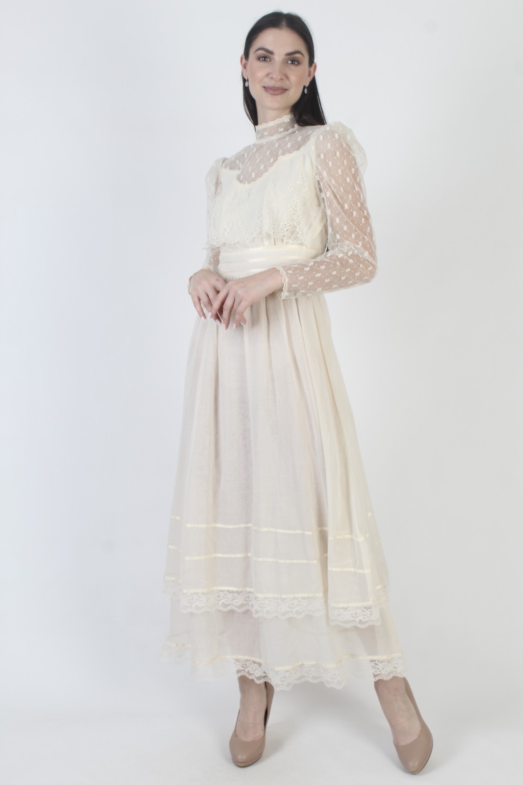 Vtg 70s Candi Jones California Dress Prairie Ivory Boho Wedding Victorian Gown