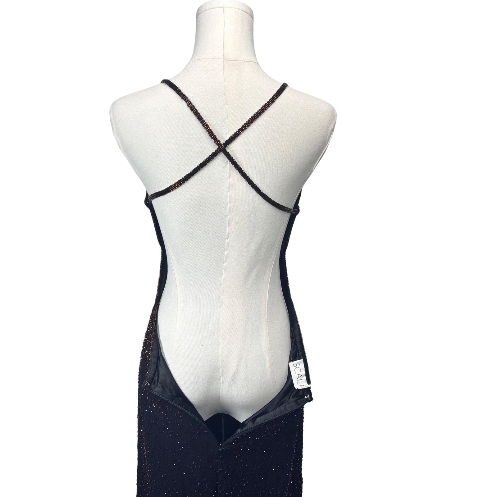 VTG Scala Dress Black Copper Gold Beaded Ombre Backless Formal Gown Silk 4