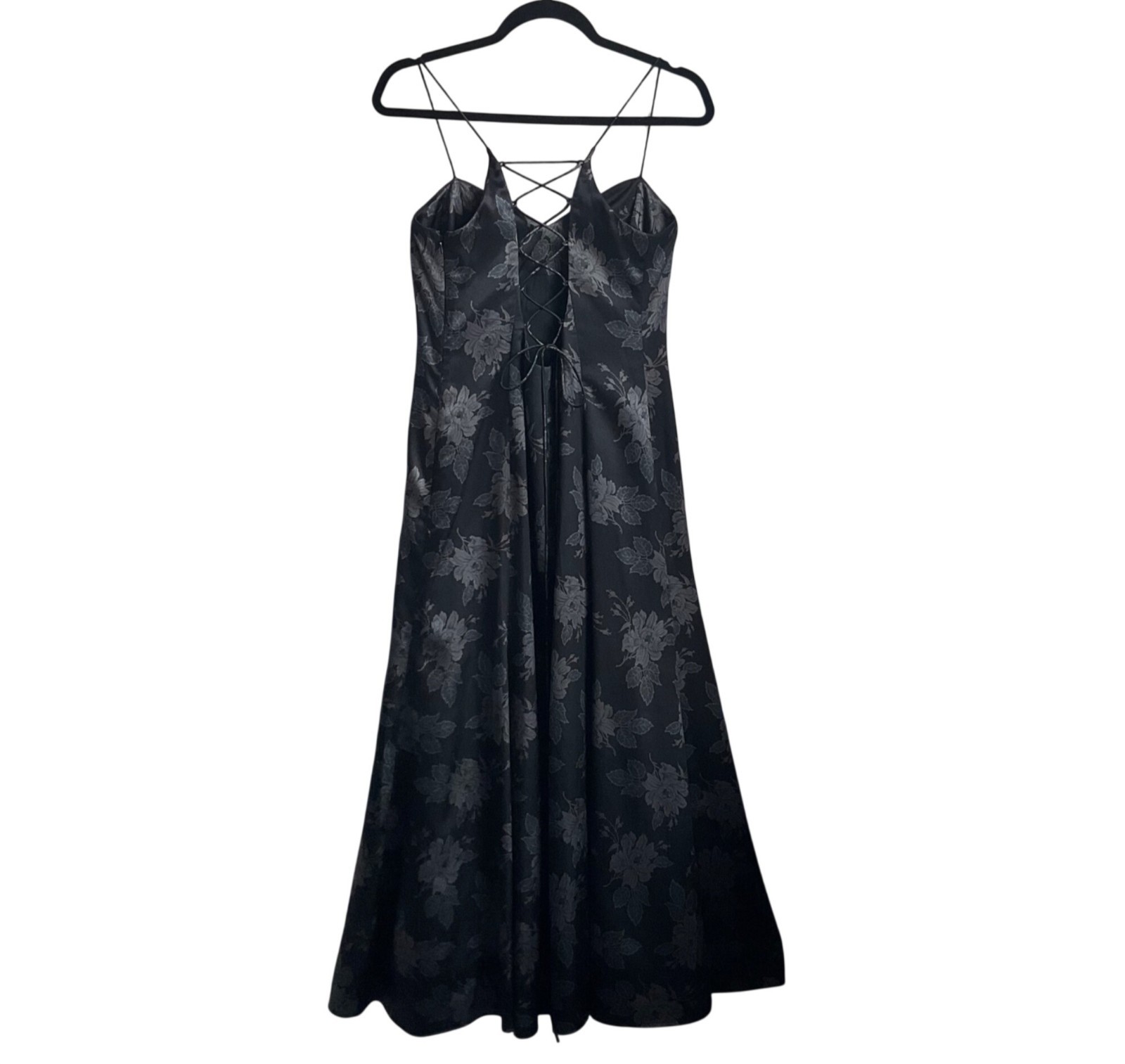 VTG Adrianna Papell Y2K Black Floral Gown Lace-Up Back Satin Formal Dress Whimsy