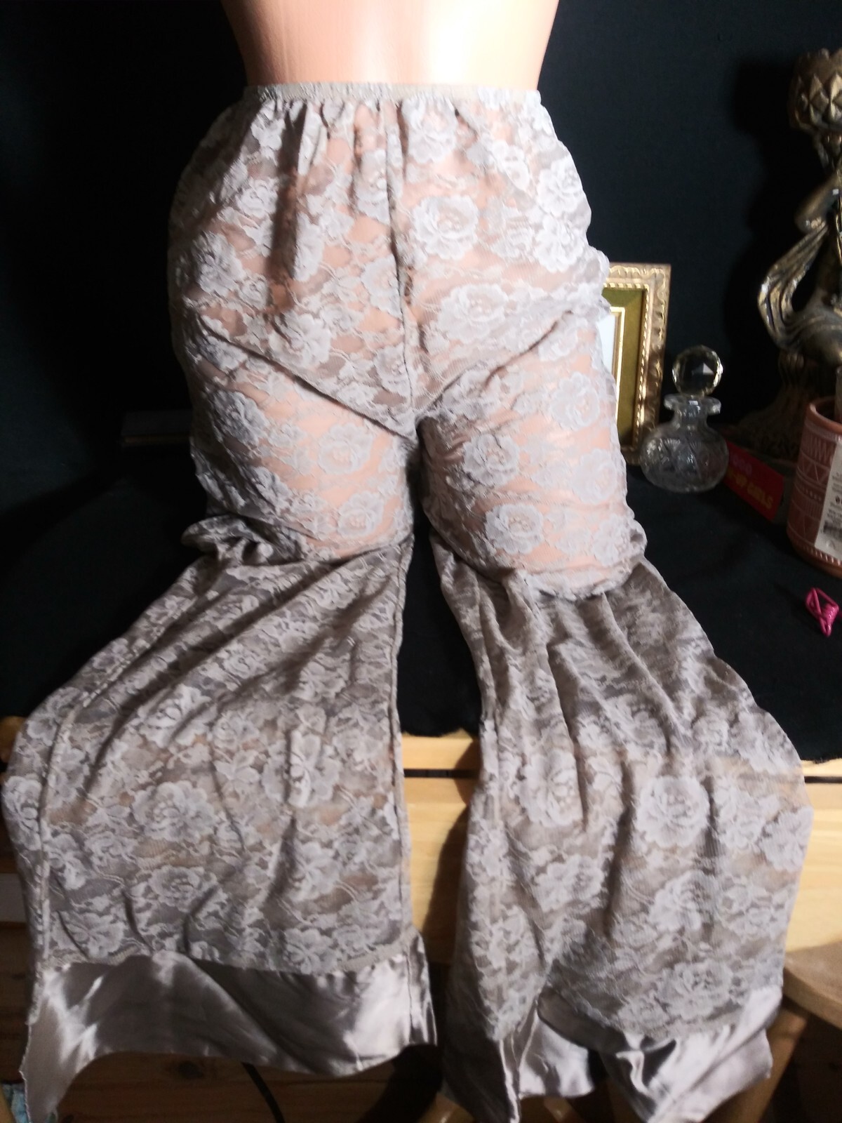 Vtg Silky Soft Chantilly SHeer Chiffon Lace Nightie FRILLY Bell Buttom Pants 50s
