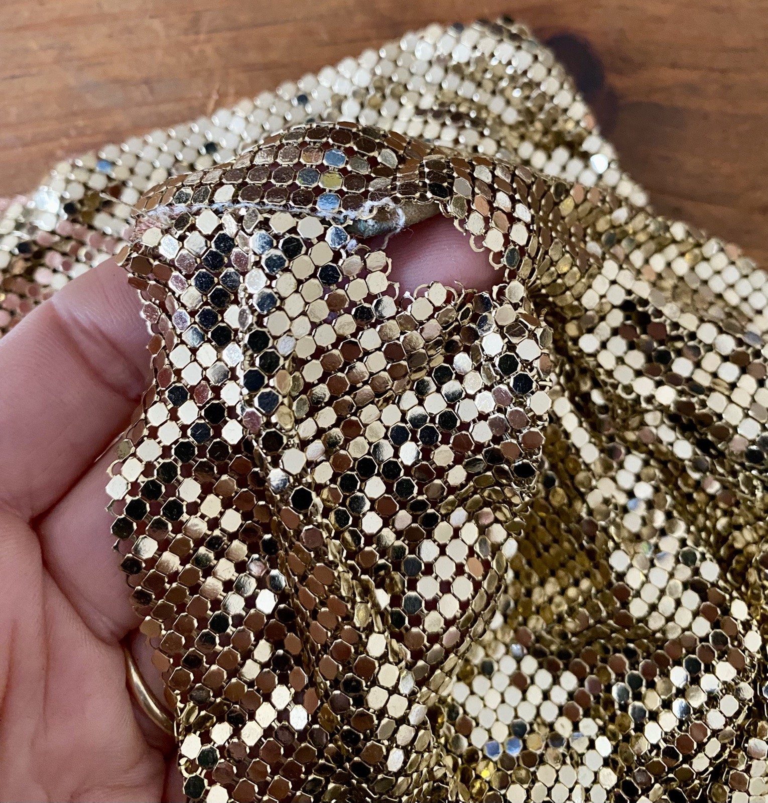 Vtg Whiting Davis Liquid Gold Metal Mesh Chain Mail Draped Front Top 70s Disco M