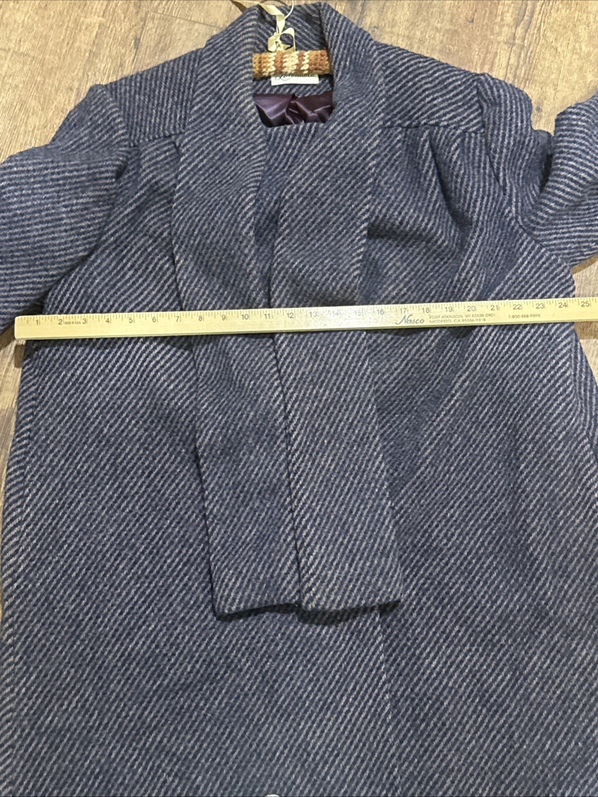 Vintage Lorendale Wool Coat Blue Tweed Attached Scarf Collar L/XL No Tag