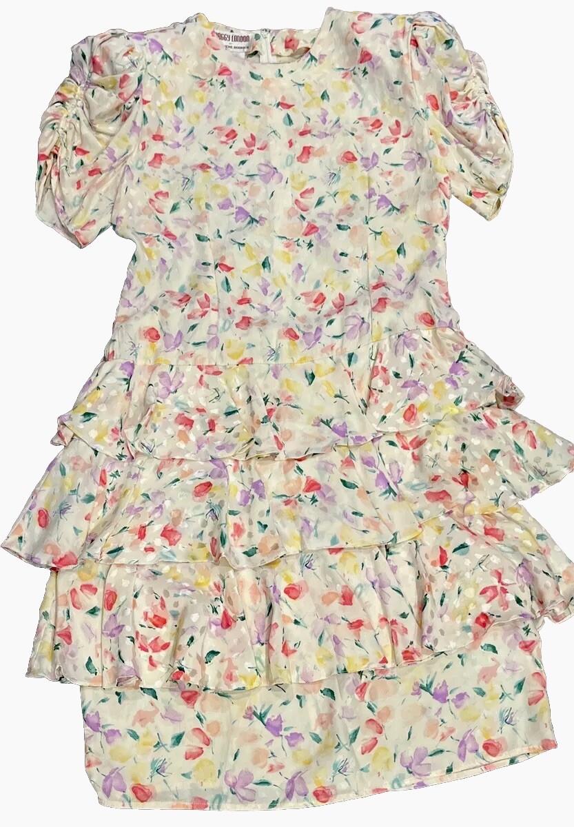 Floral SILK TIERED RUFFLES DRESS WHIMSY Fairy COQUETTE prairie Yellow Pink Sz 14