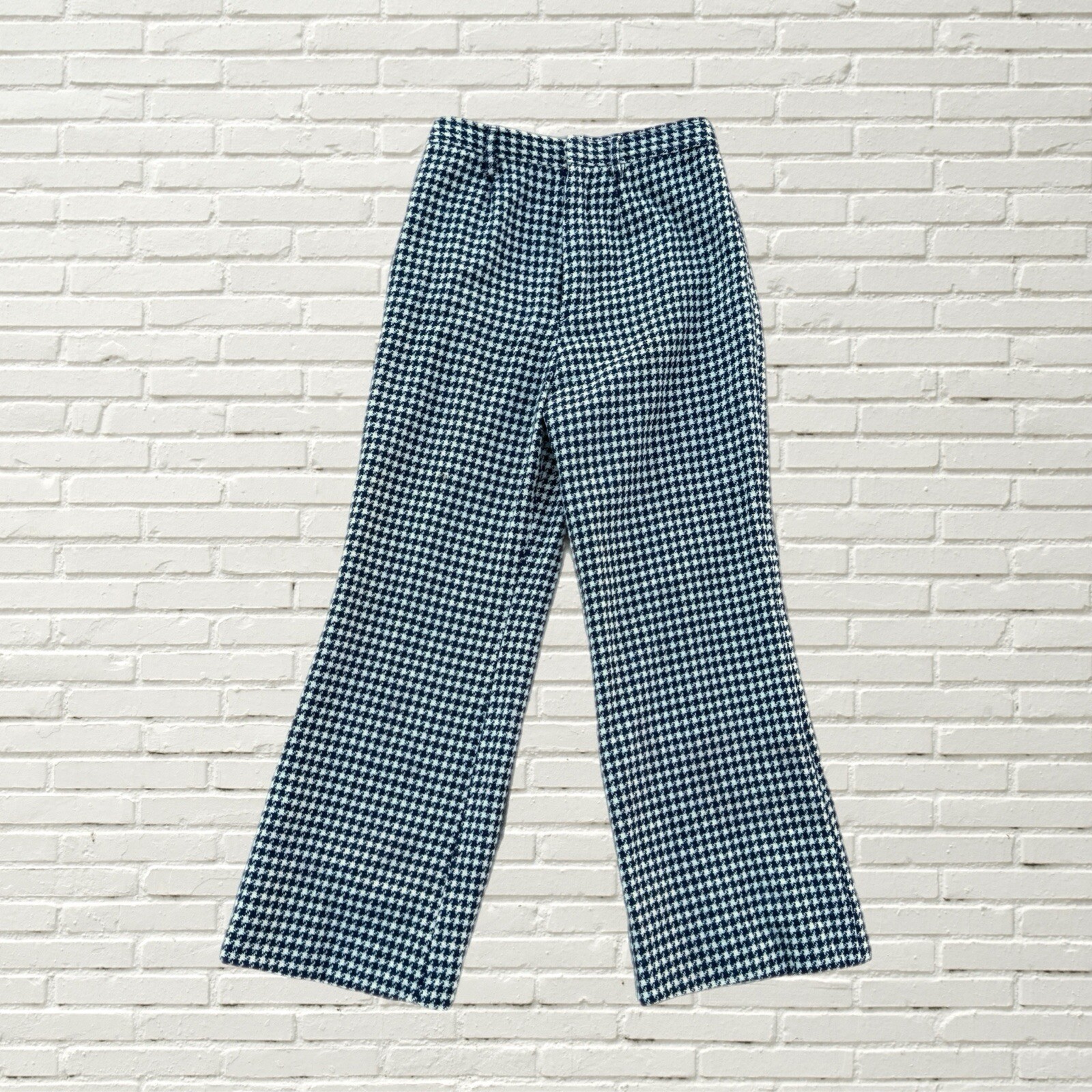 Vintage 70s Wool Houndstooth Flare Pants- Cream And Blue Hippie