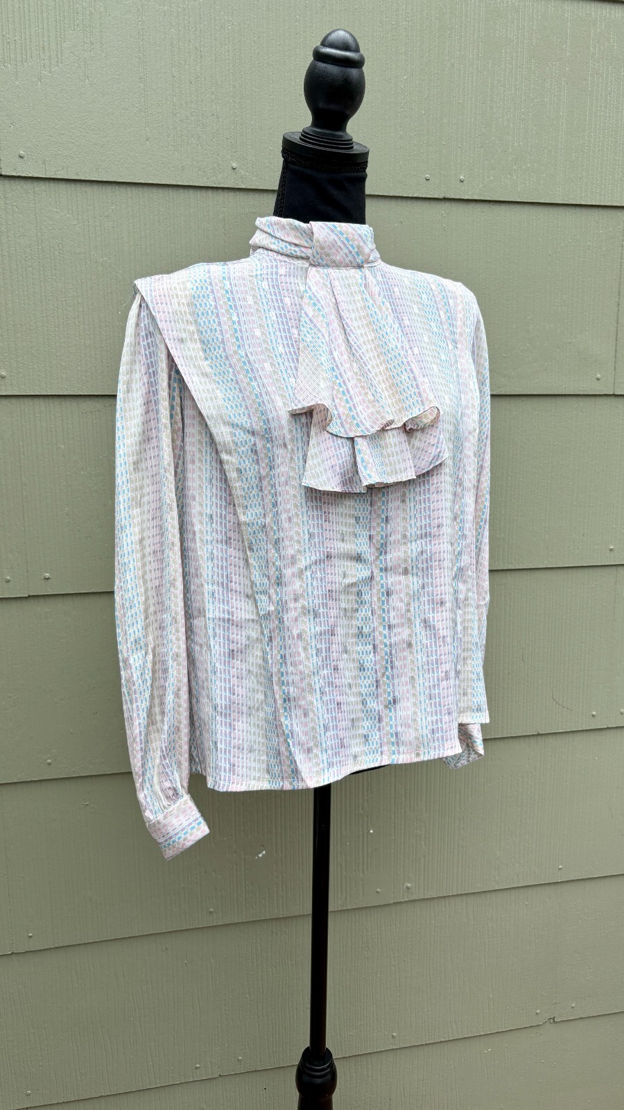vtg Nicola 70s 80s Pastel Granny Silky Mock Neck Scarf Secretary Poet Blouse