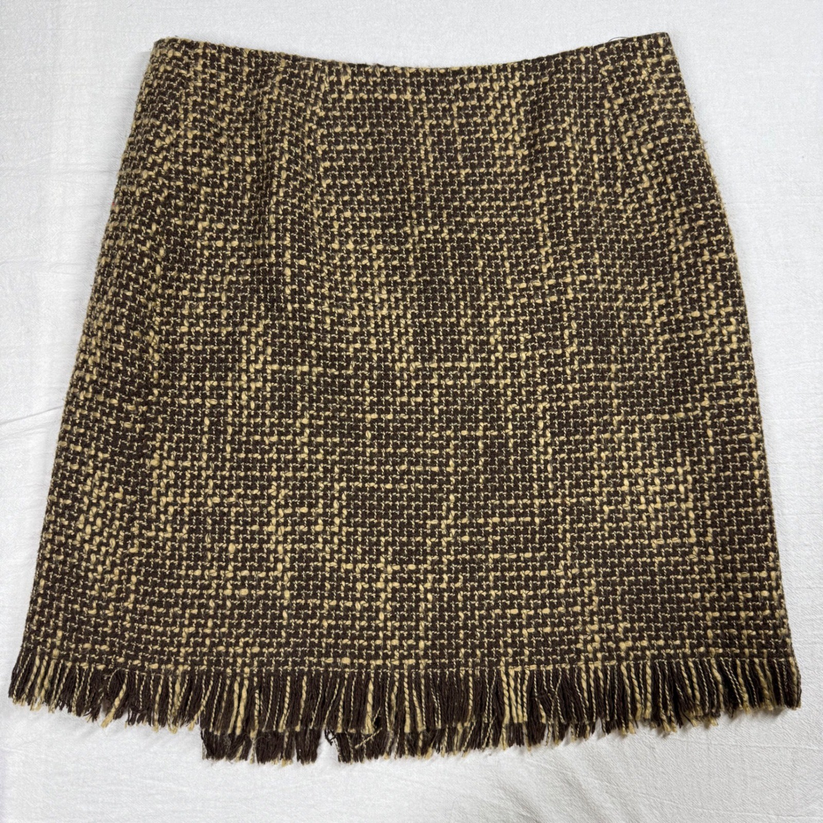 British Khaki Wool Blend Fringe Wrap Skirt Size 4 Brown Tweed Vintage Heritage