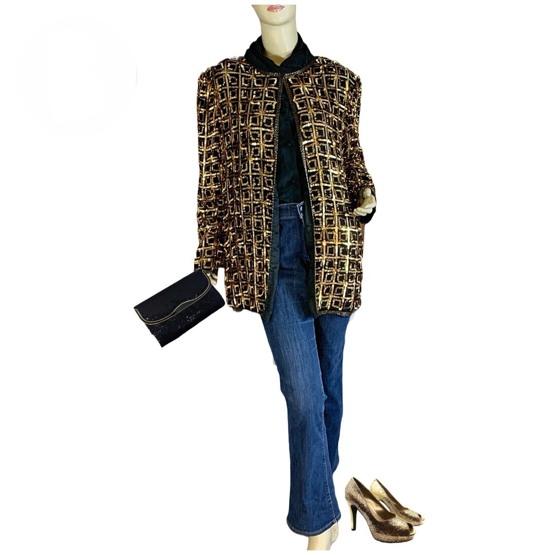 VINTAGE 1980’S CARINA BLACK & GOLD SEQUINS SILK JACKET SIZE XL