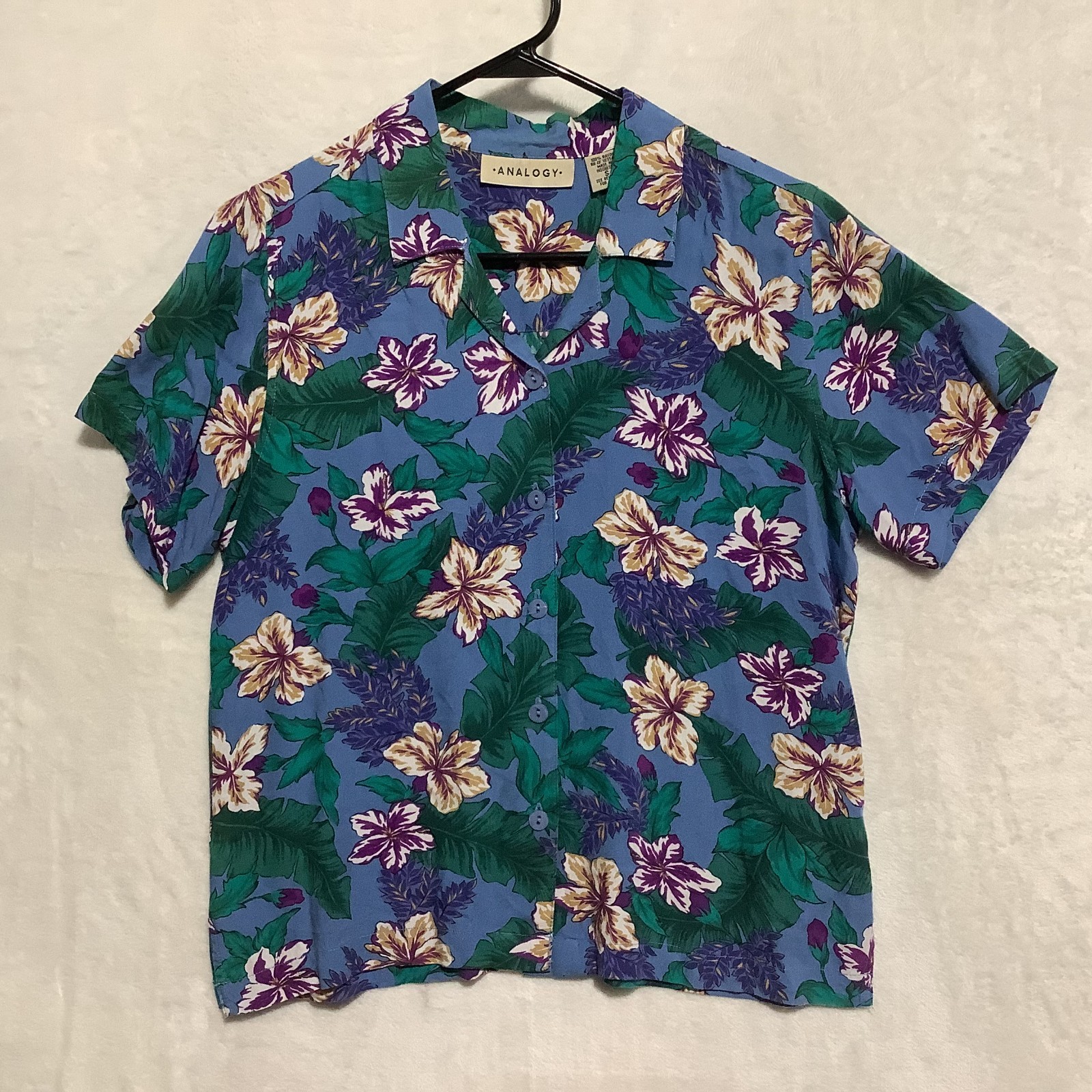 Vintage Analogy Blue Floral Hawaiian Shirt Womens Sz S Rayon Vibrant Camp Collar
