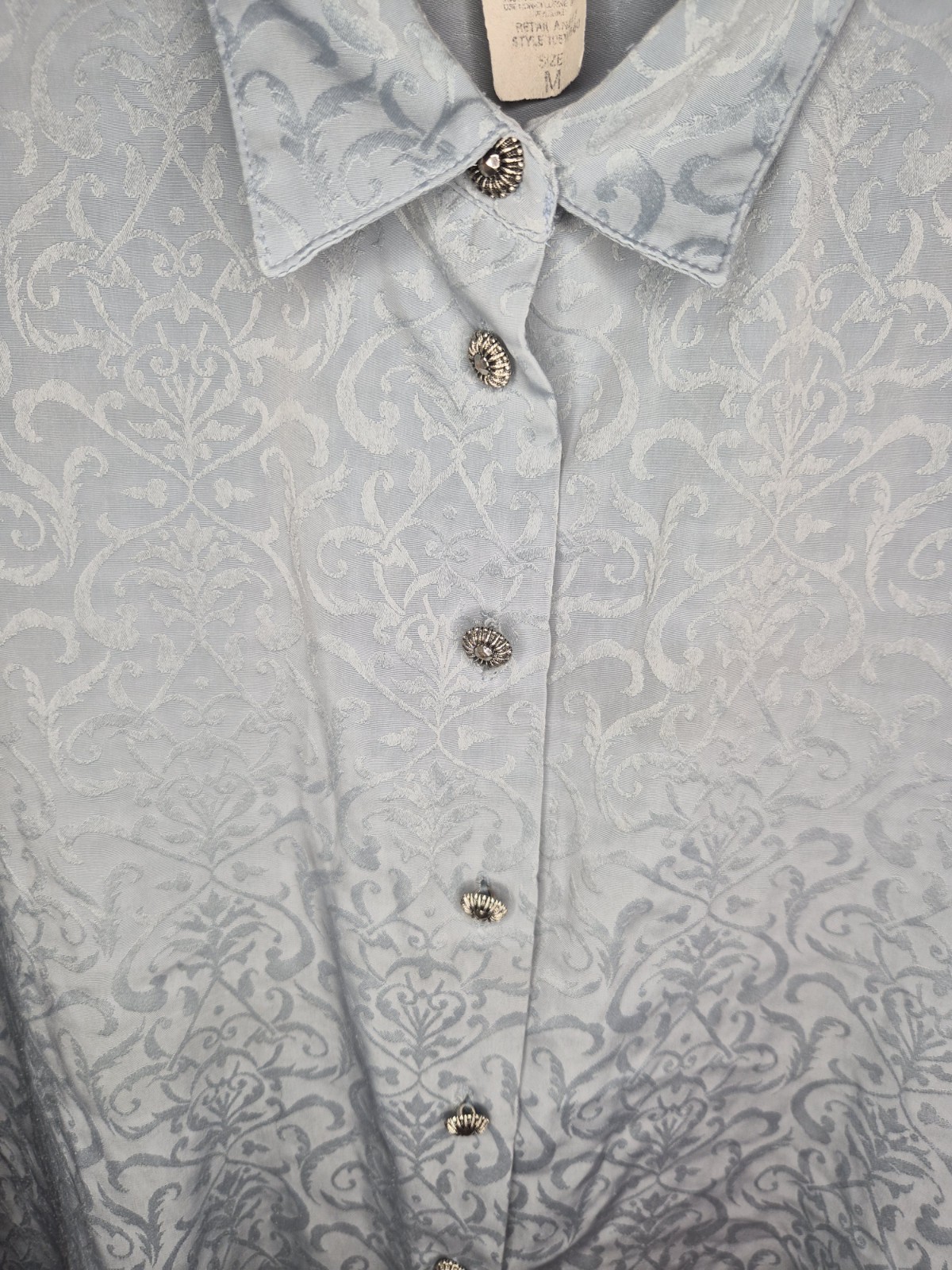 VTG Koret unique button Blouse Golden girls Tiffany Blue Floral Classic Siz M