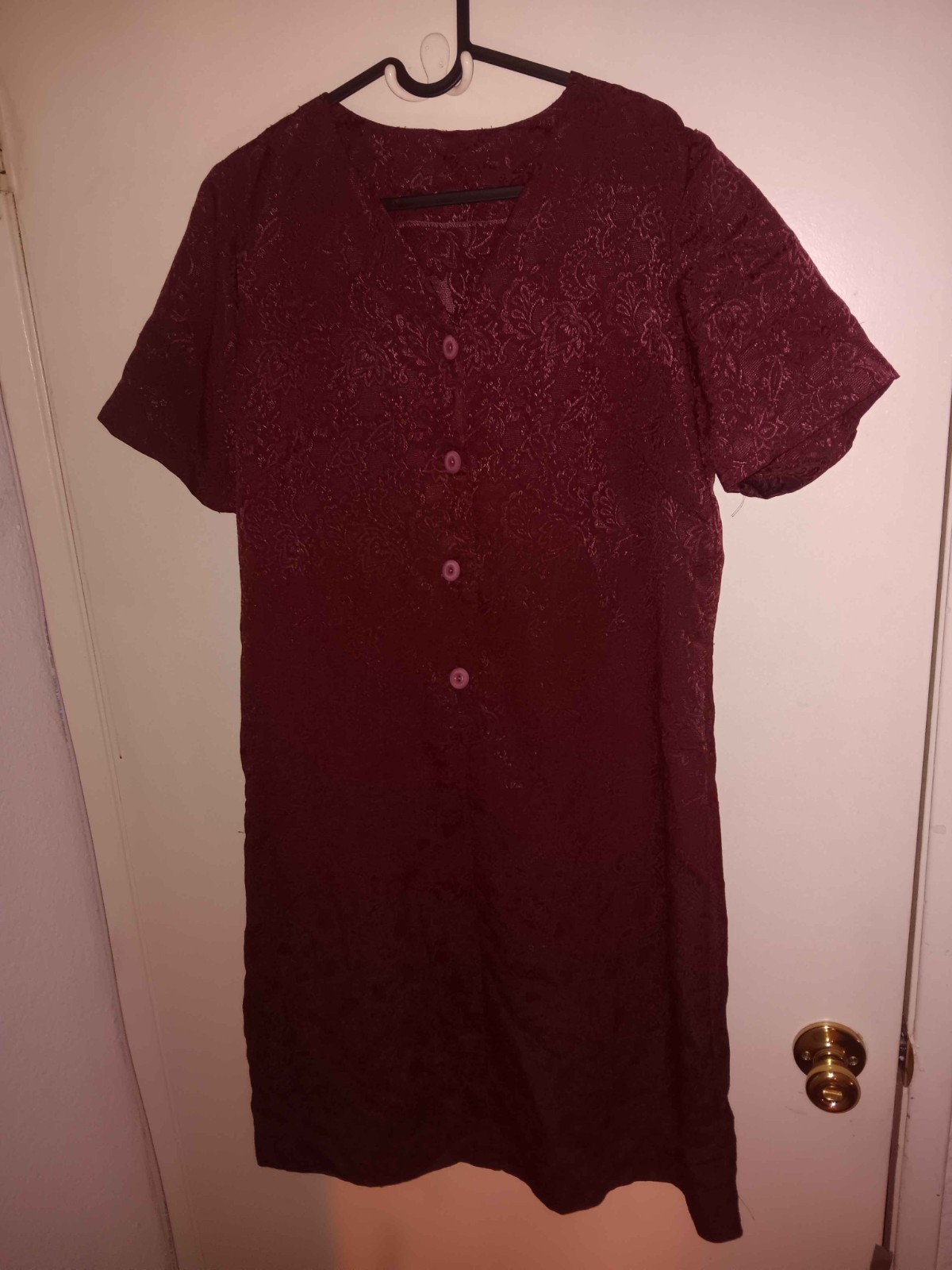 Dark Red 80s Button Up Dress – Floral Pattern With Short Sleeves